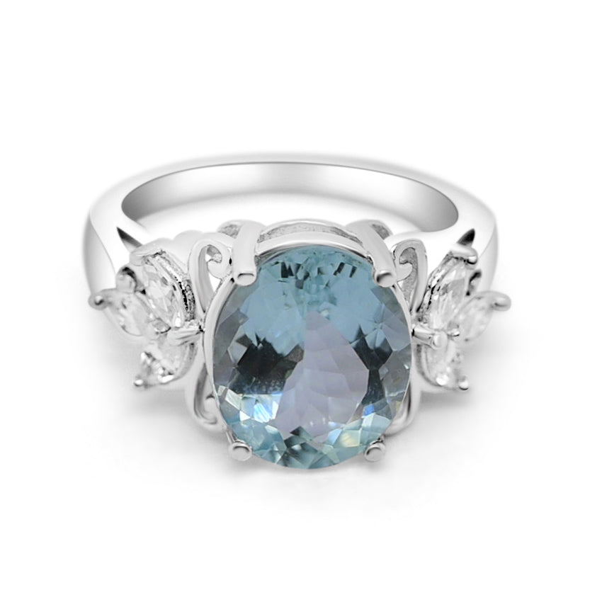Elegant rhodium plated aquamarine ring for women with marquise white CZ accents in sterling silver