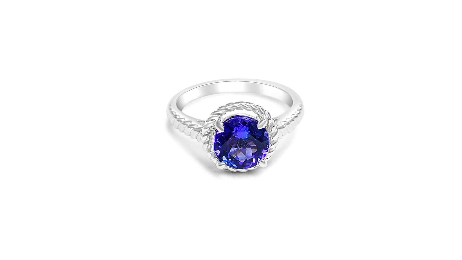 Sterling silver tanzanite ring featuring a 2.01ct round tanzanite stone with a twisted design