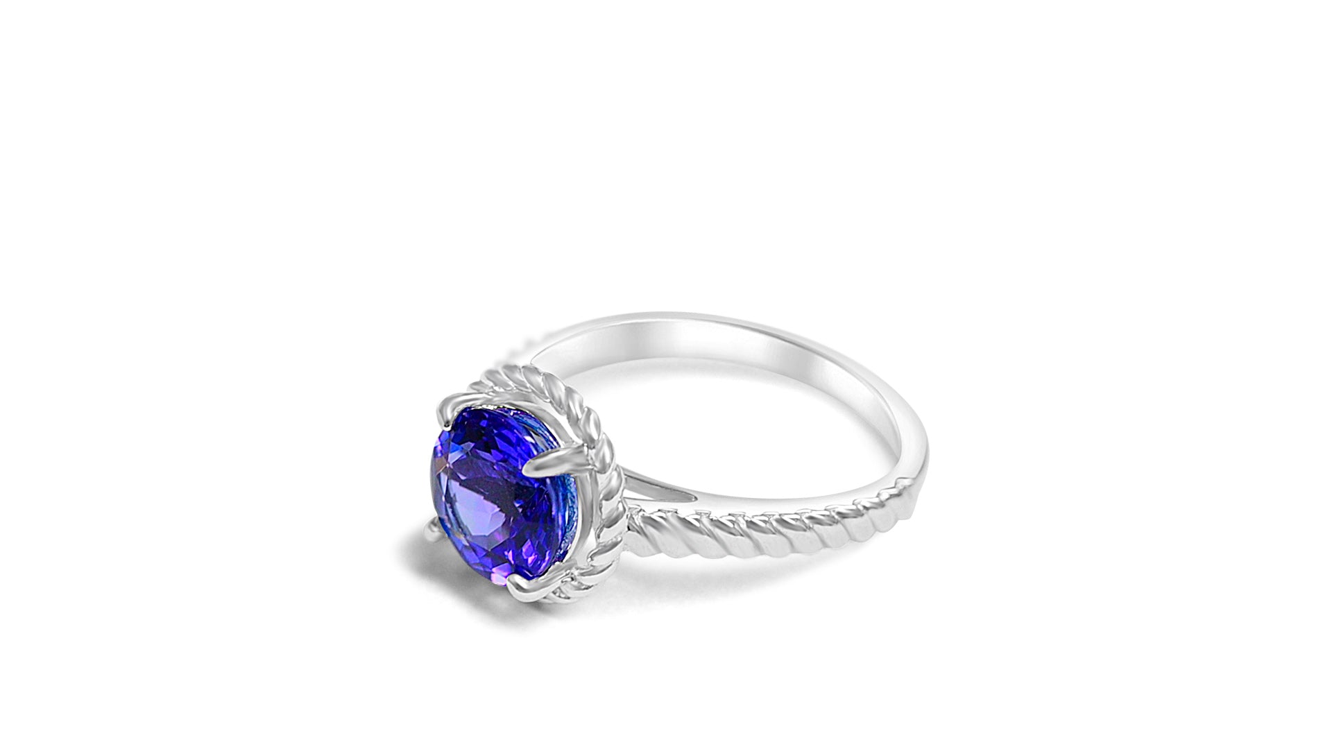 Sterling silver tanzanite ring featuring a 2.01ct round tanzanite set in a twisted rope design