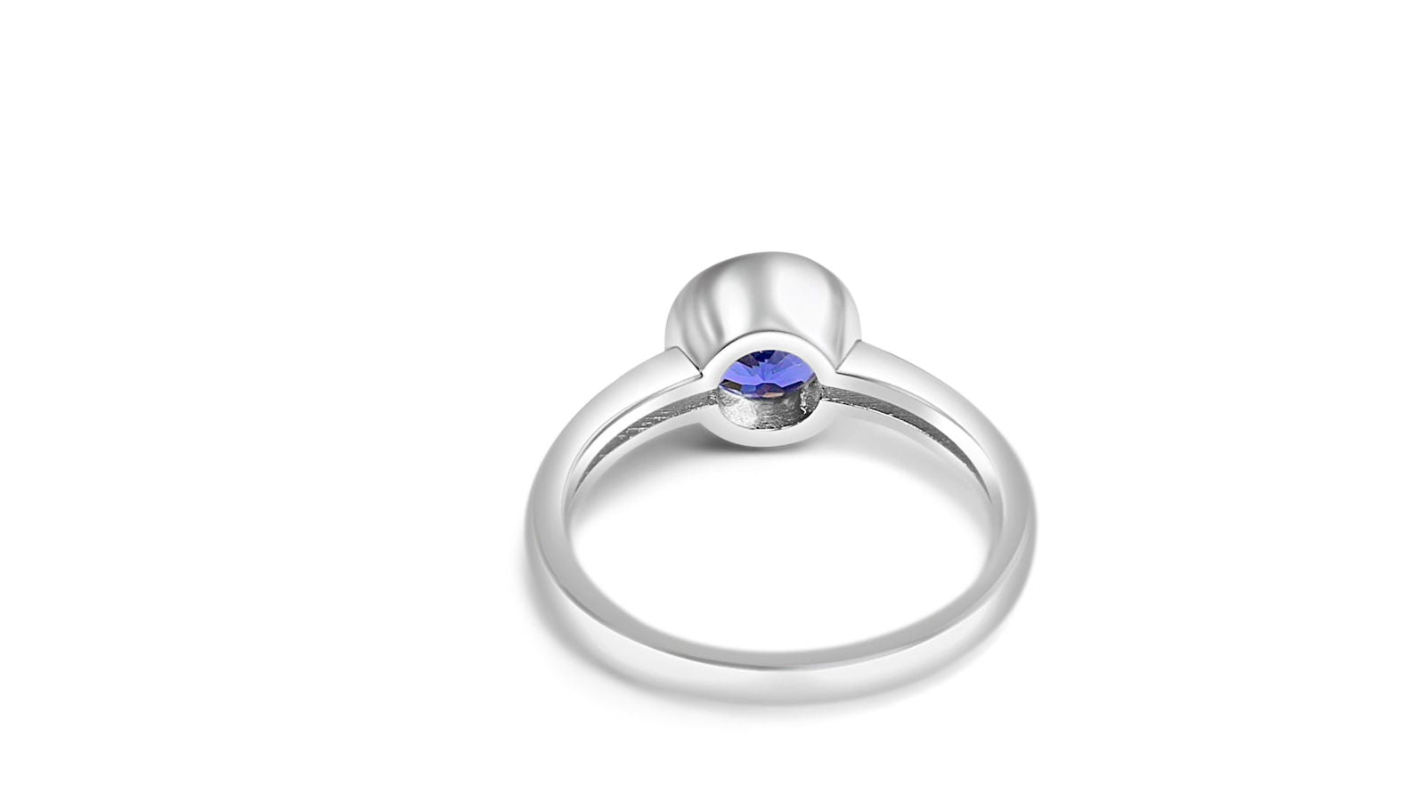 Stylish tanzanite engagement ring in rhodium plated 925 sterling silver with a round 1.3 carat gemstone
