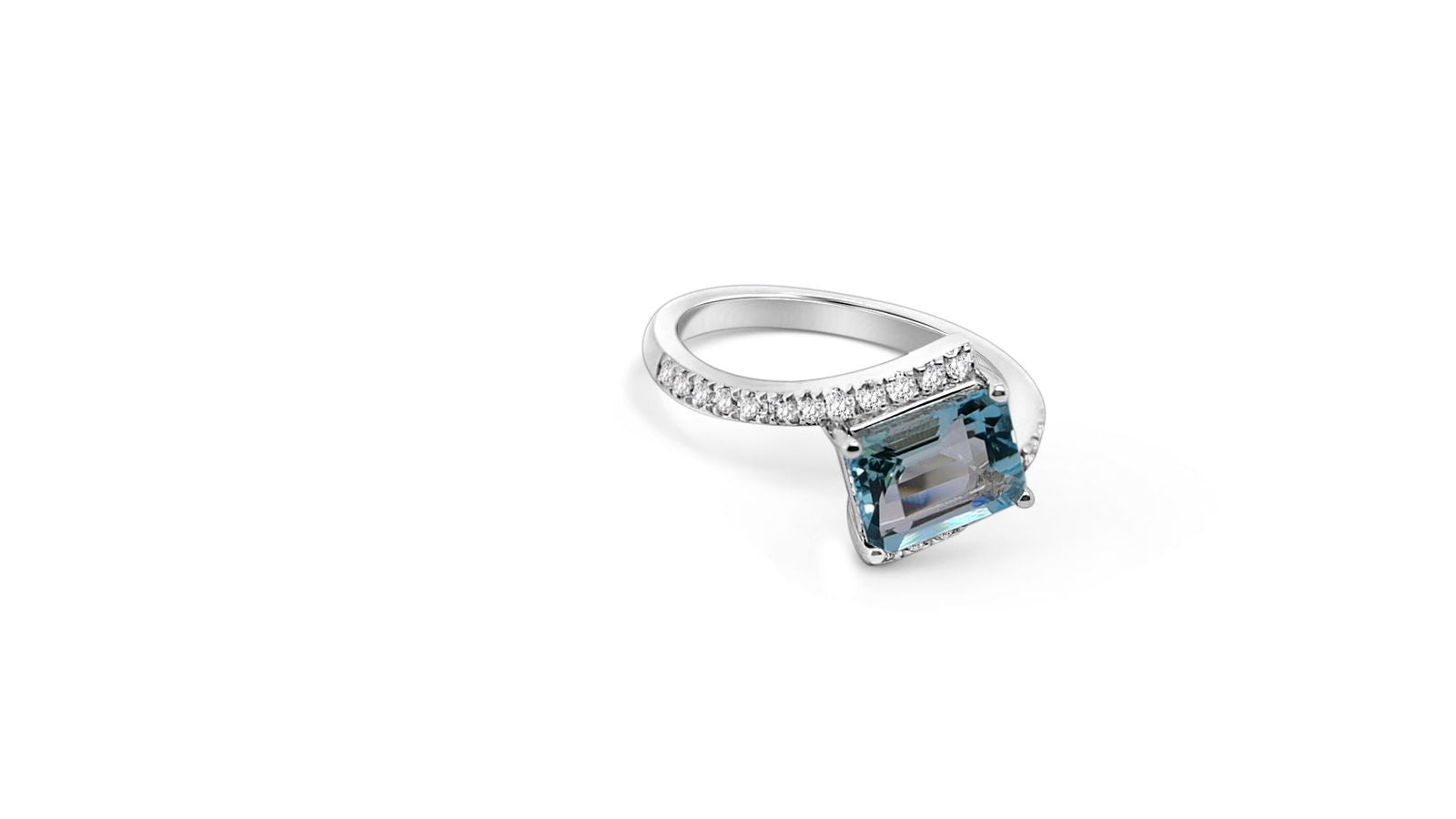 Art Deco Light Blue Aquamarine Sterling Silver Solitaire Ring, a unique gemstone engagement ring with sparkling accents