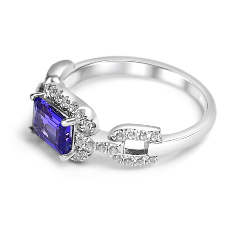 Octagon tanzanite and round white CZ engagement ring in rhodium plated 925 sterling silver with 1.30 cts
