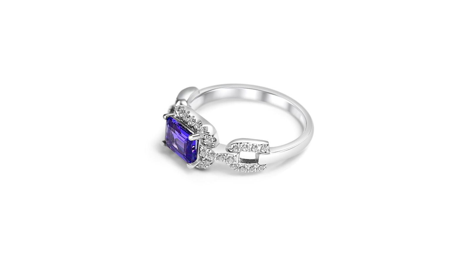 Elegant white CZ and tanzanite engagement ring in rhodium plated 925 sterling silver with octagon and round stones