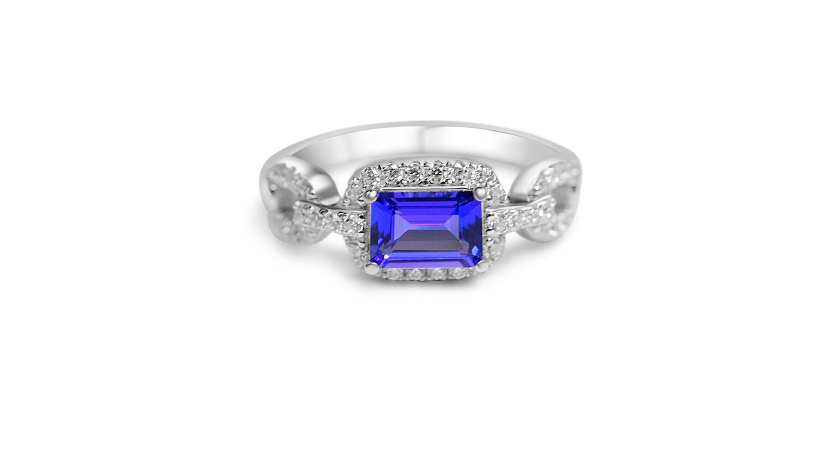 Octagon Tanzanite and Round White CZ Engagement Ring in Rhodium Plated 925 Sterling Silver from Bluestargemstones