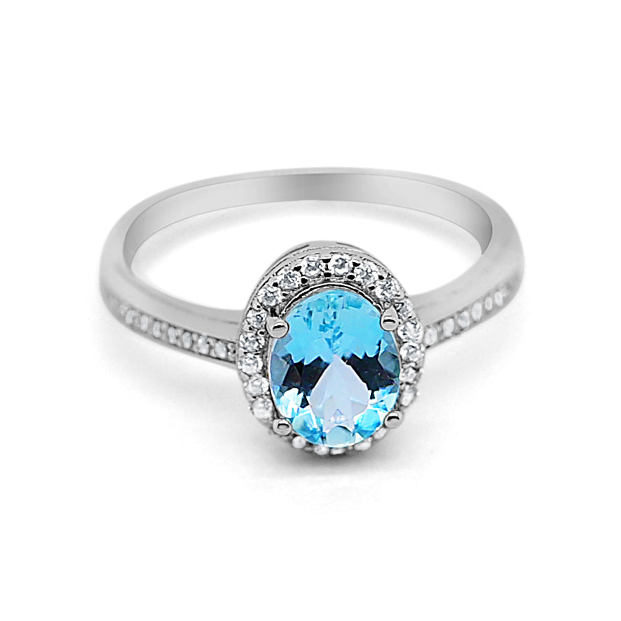 Women's aquamarine and CZ ring in rhodium plated 925 sterling silver with sparkling white accents