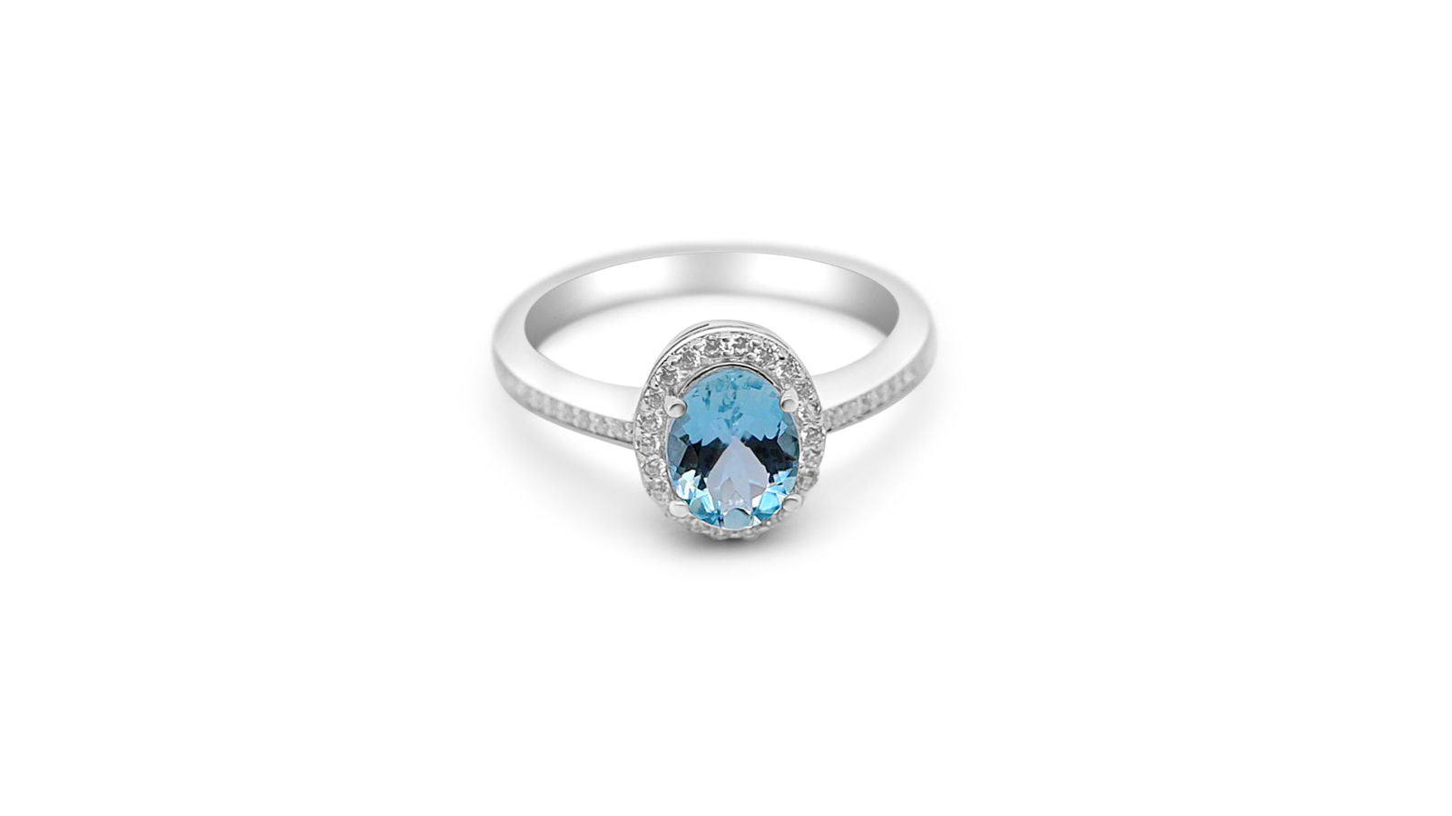 Oval Aquamarine and White CZ Rhodium Plated 925 Sterling Silver Ring for Women's Aquamarine and CZ ring