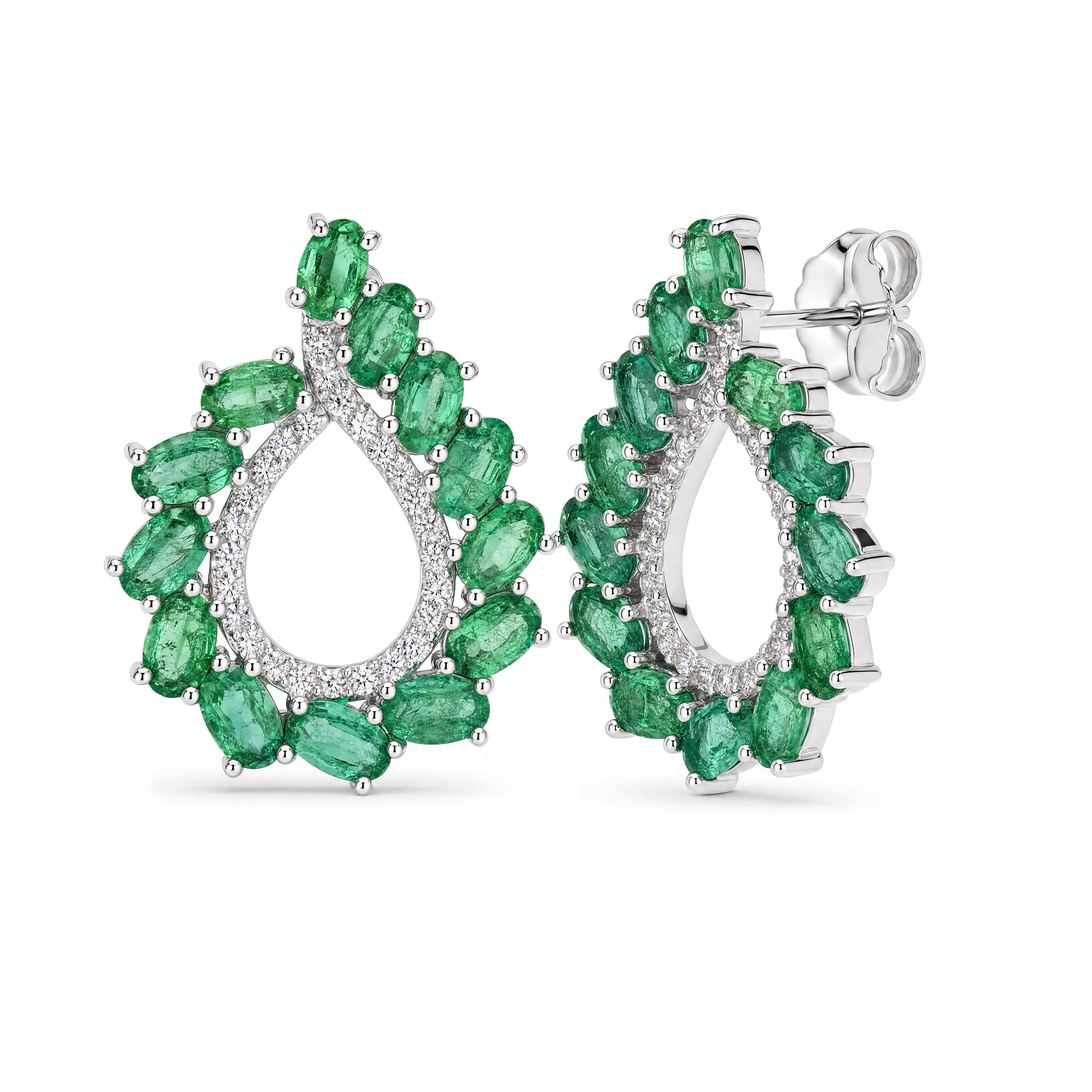 Oval Emerald Open Teardrop Cluster Earrings in Sterling Silver - view 2