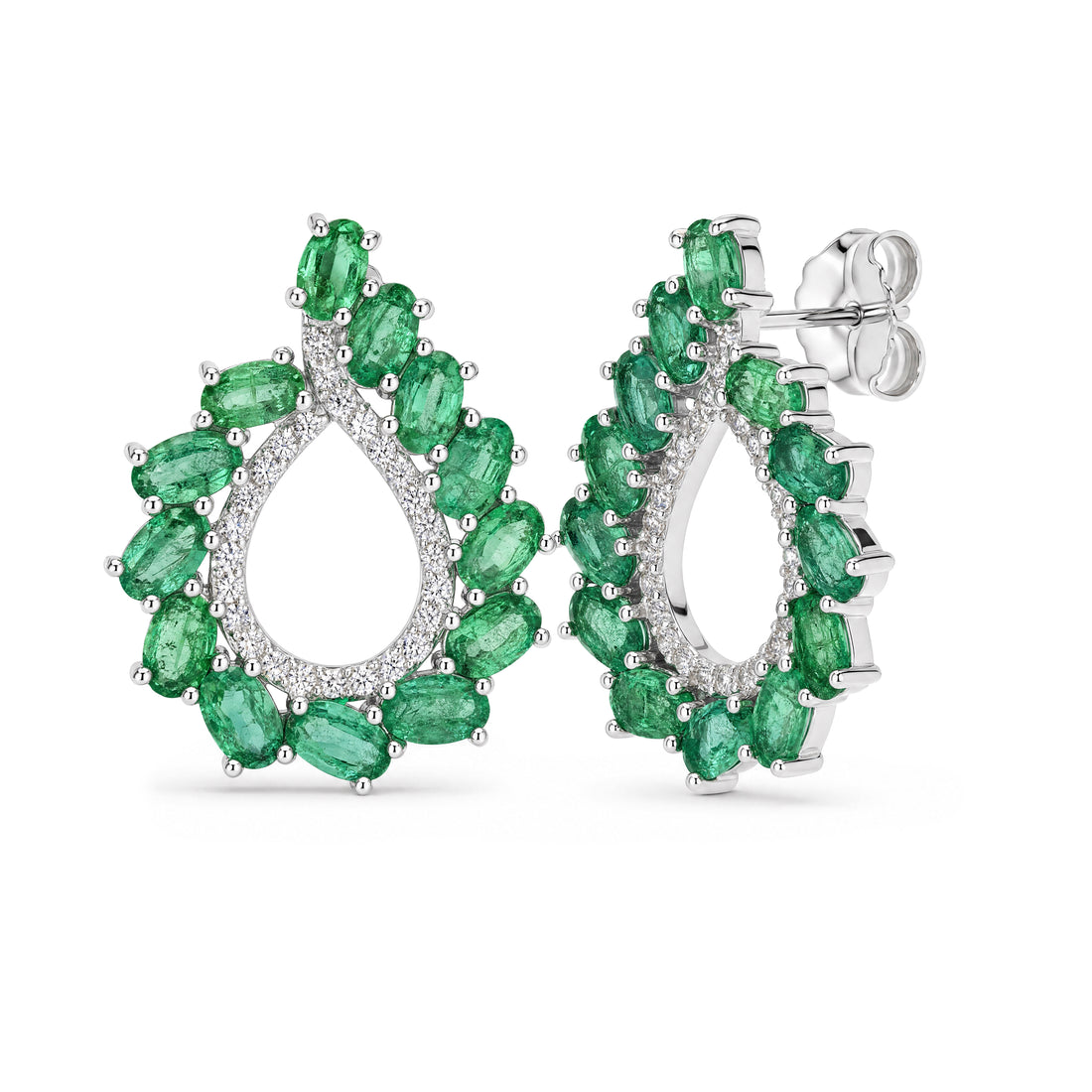 Oval Emerald Open Teardrop Cluster Earrings in Sterling Silver - view 2