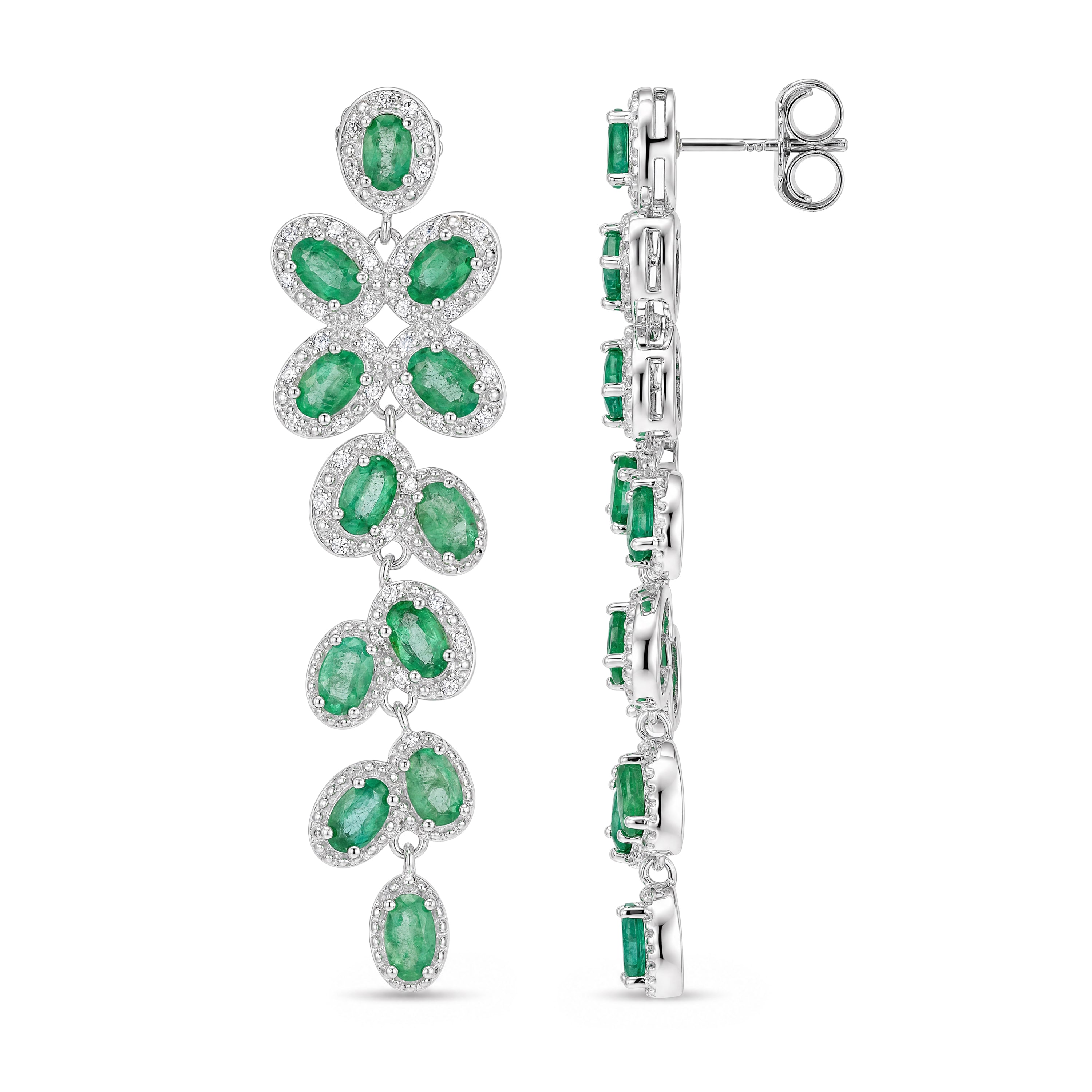 Oval Emerald Cascading Vine Drop Earrings in Sterling Silver - view 3