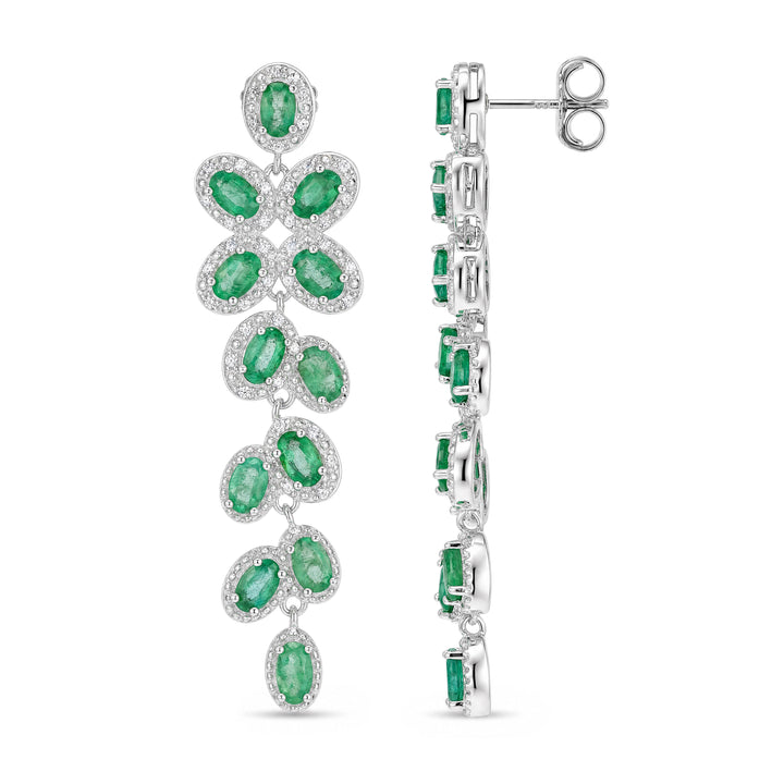 Oval Emerald Cascading Vine Drop Earrings in Sterling Silver - view 3