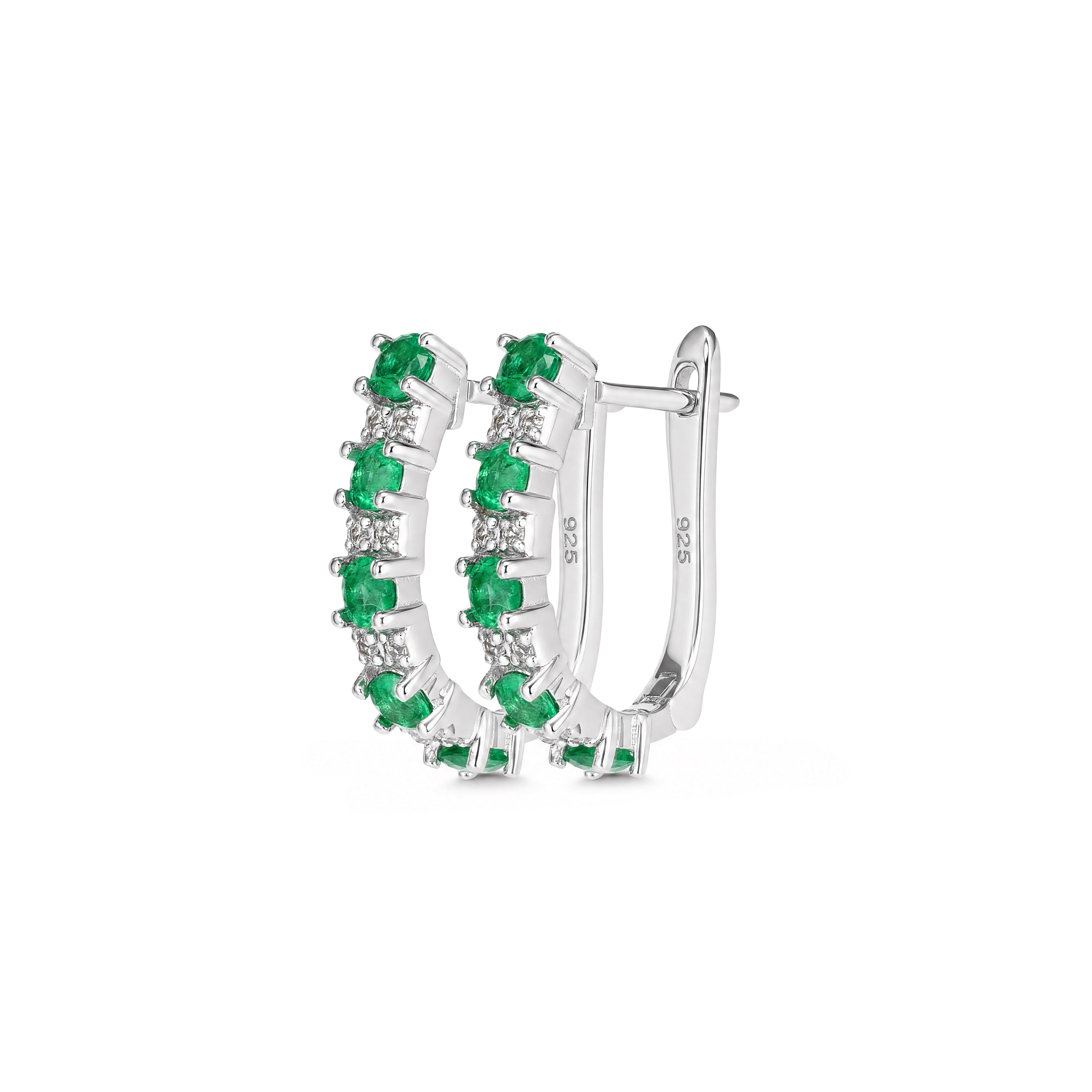 Emerald and White Zircon U-Shaped Hoop Earrings in Sterling Silver - view 1