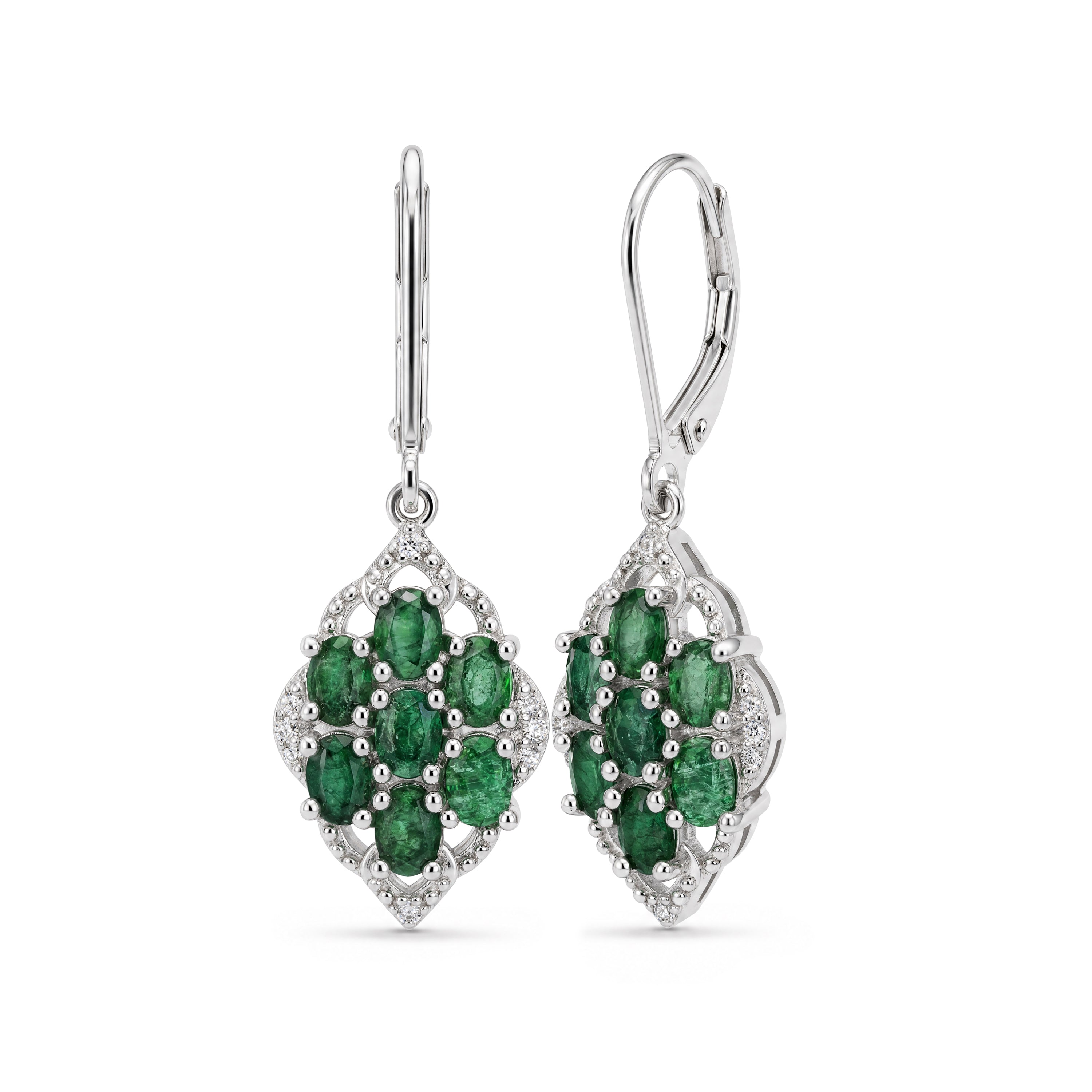 Emerald Cluster Leverback Drop Earrings in Sterling Silver - view 2