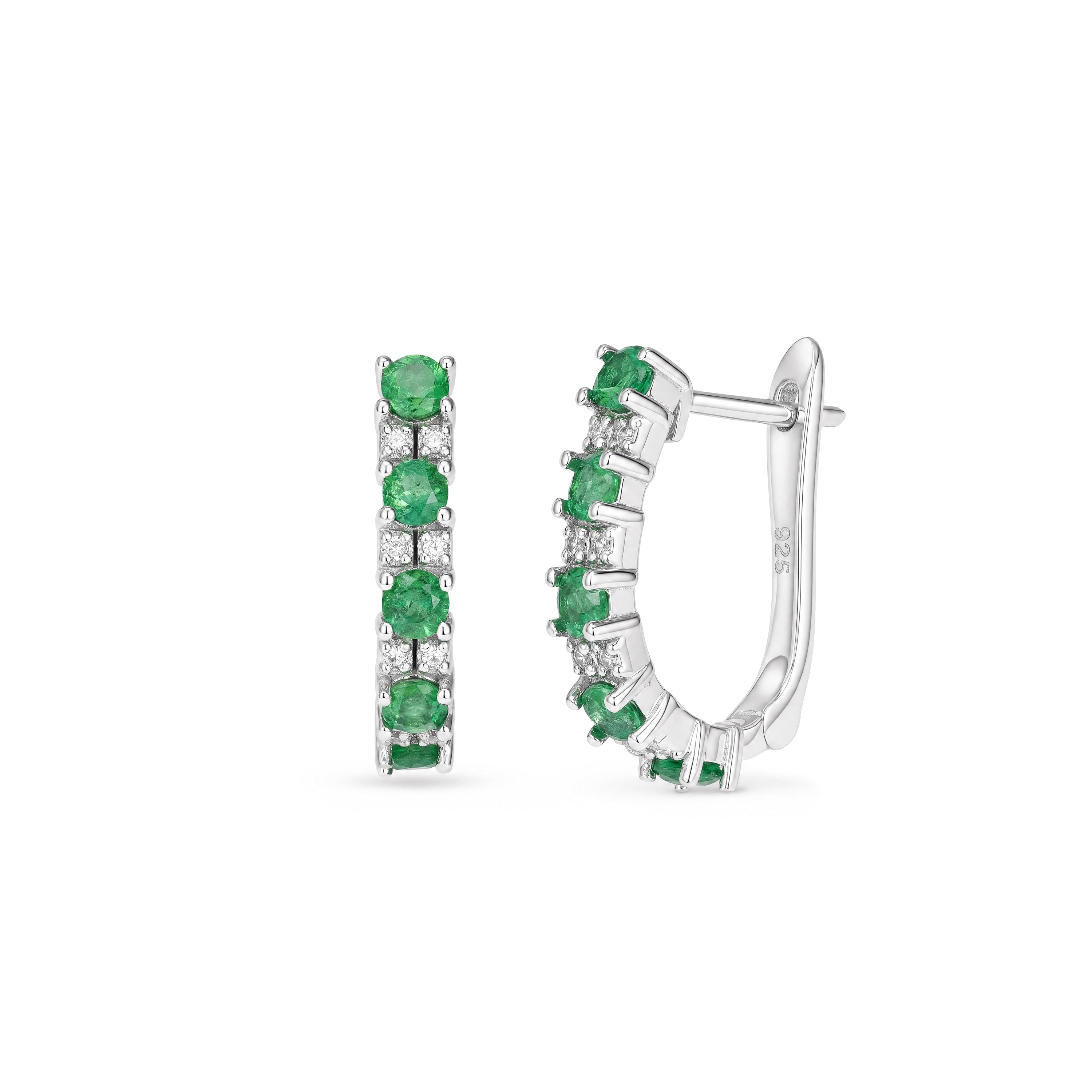 Emerald and White Zircon U-Shaped Hoop Earrings in Sterling Silver - view 2