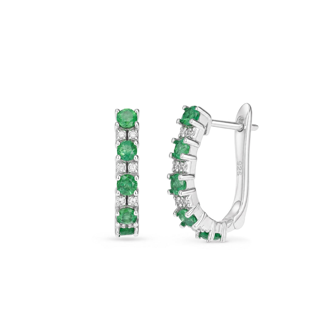 Emerald and White Zircon U-Shaped Hoop Earrings in Sterling Silver - view 2