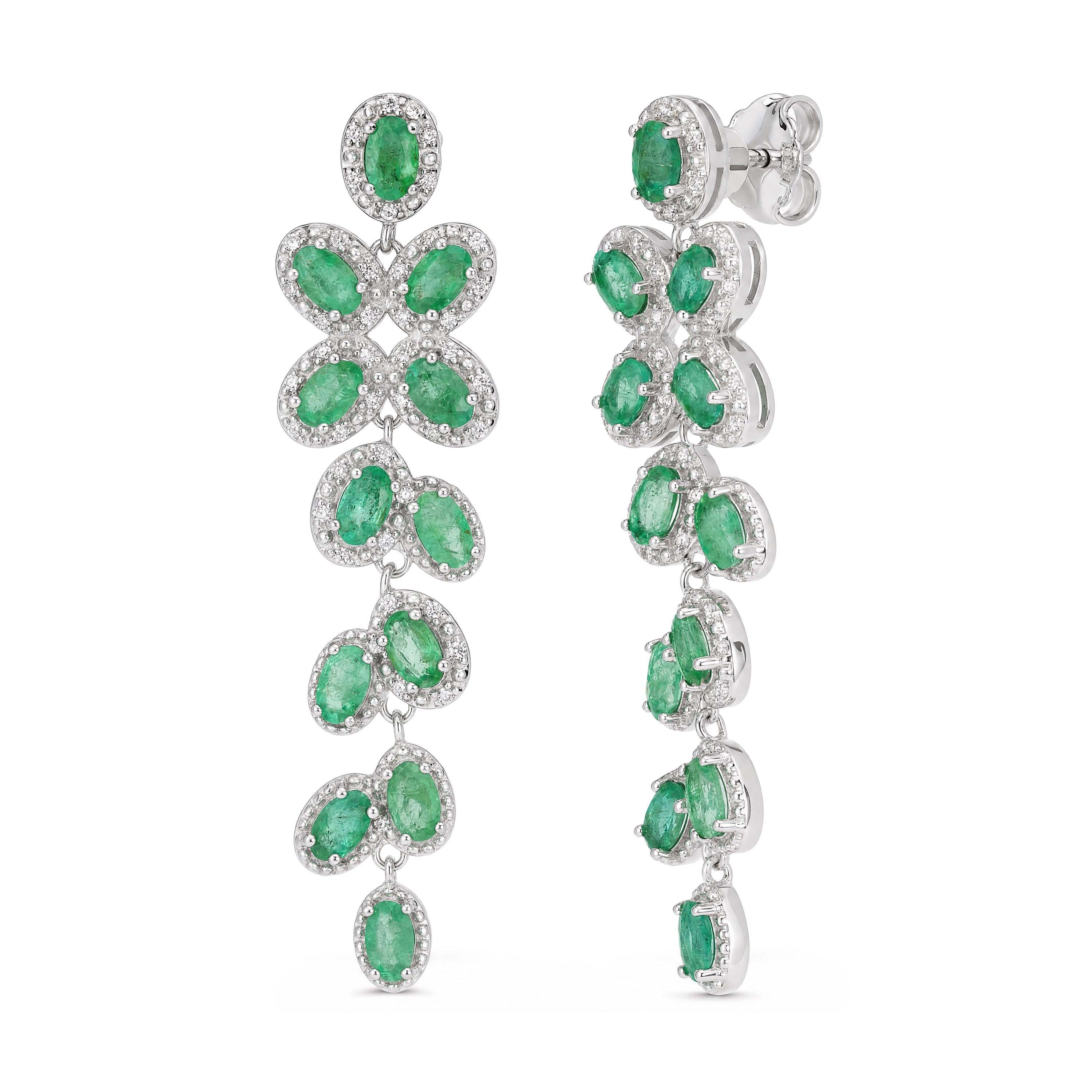 Oval Emerald Cascading Vine Drop Earrings in Sterling Silver - view 2