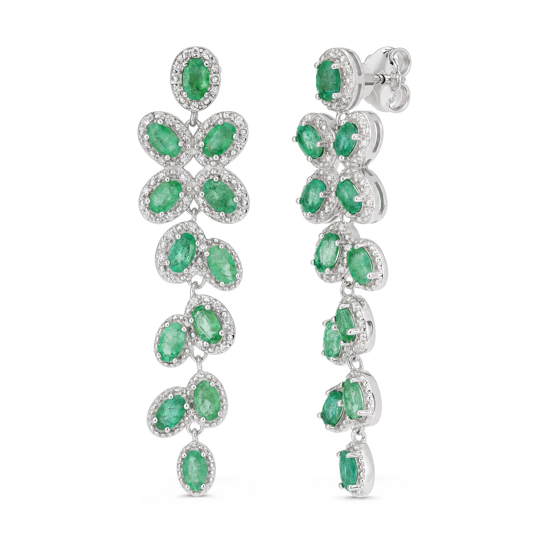 Oval Emerald Cascading Vine Drop Earrings in Sterling Silver - view 2