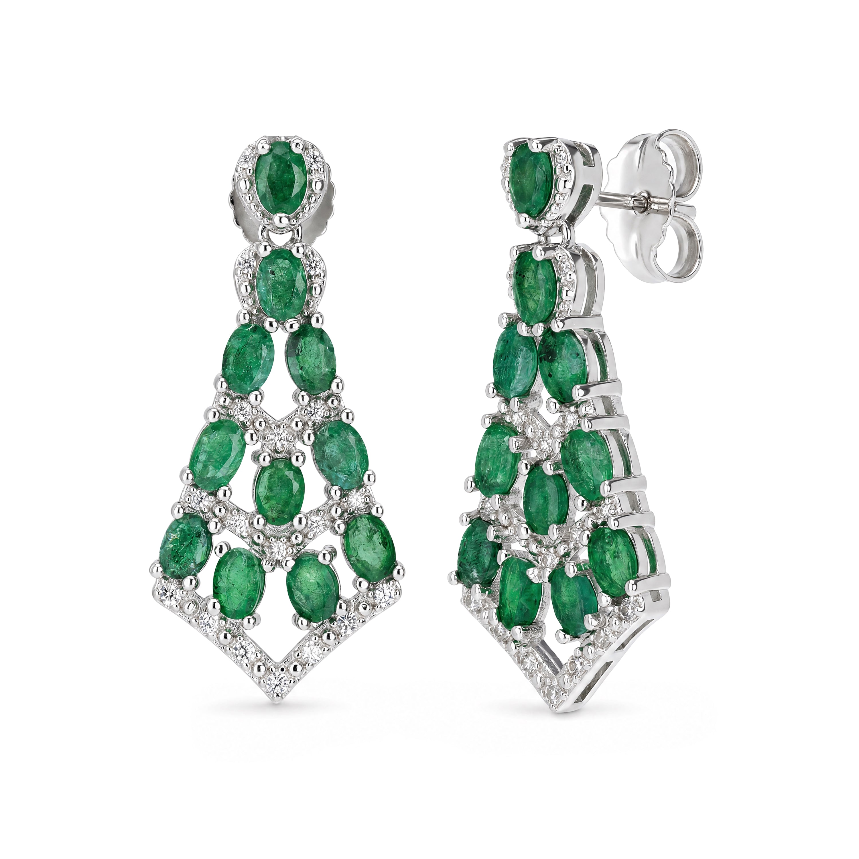 Oval Emerald Chandelier Drop Earrings in Sterling Silver - view 2