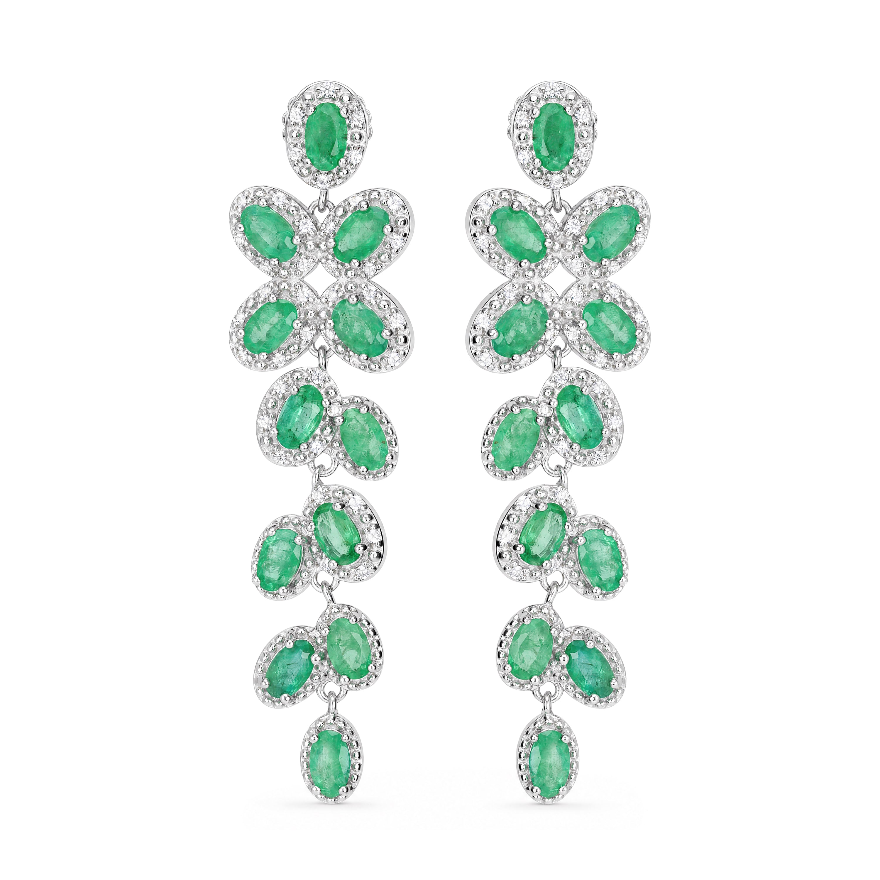 Oval Emerald Cascading Vine Drop Earrings in Sterling Silver - view 1