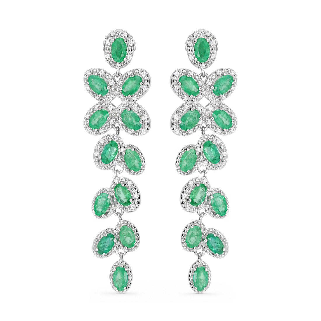 Oval Emerald Cascading Vine Drop Earrings in Sterling Silver - view 1