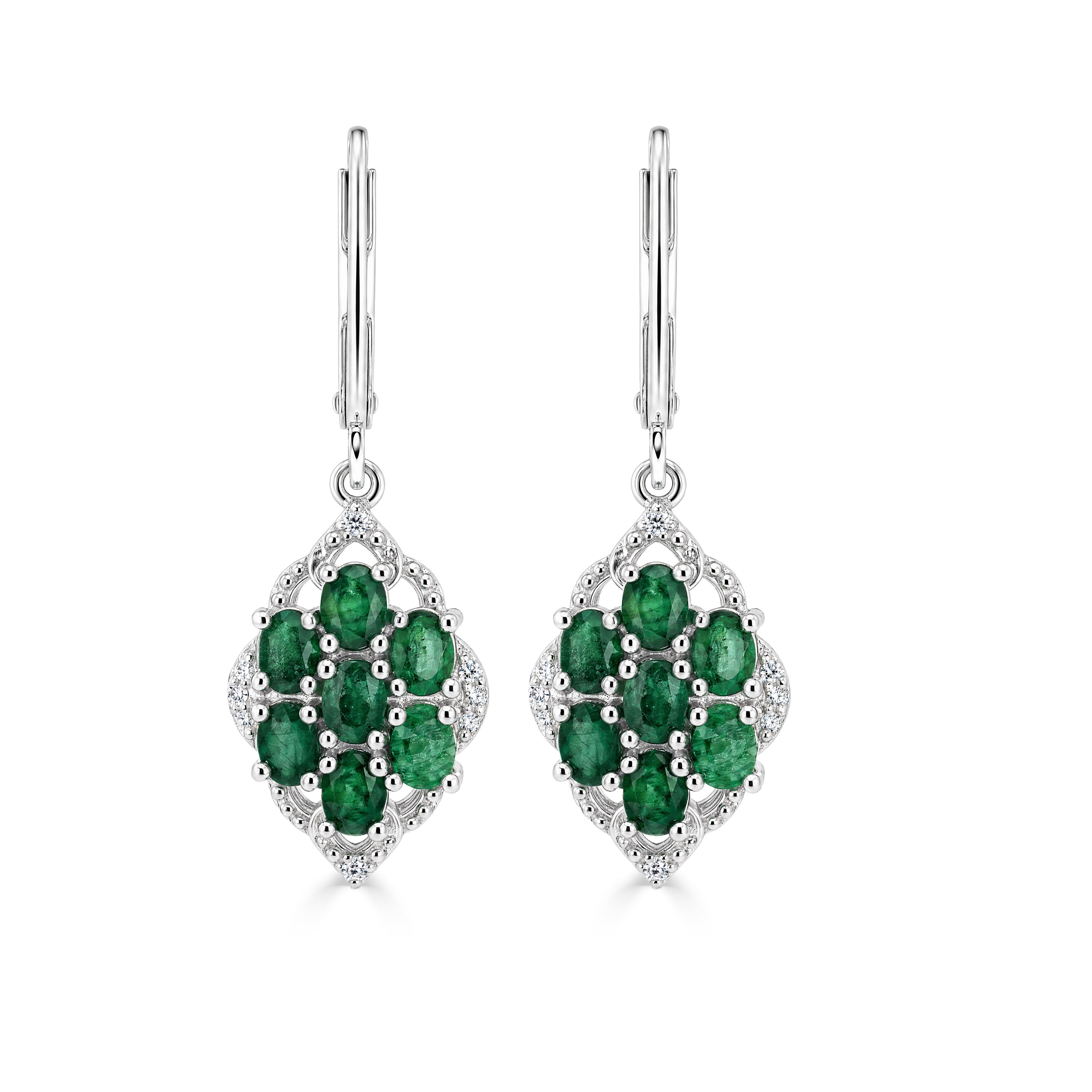 Emerald Cluster Leverback Drop Earrings in Sterling Silver - view 1