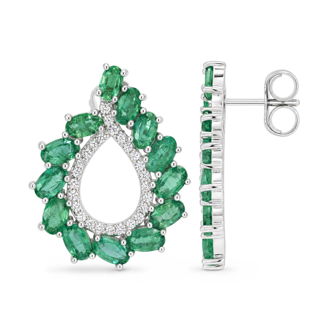 Oval Emerald Open Teardrop Cluster Earrings in Sterling Silver - view 3