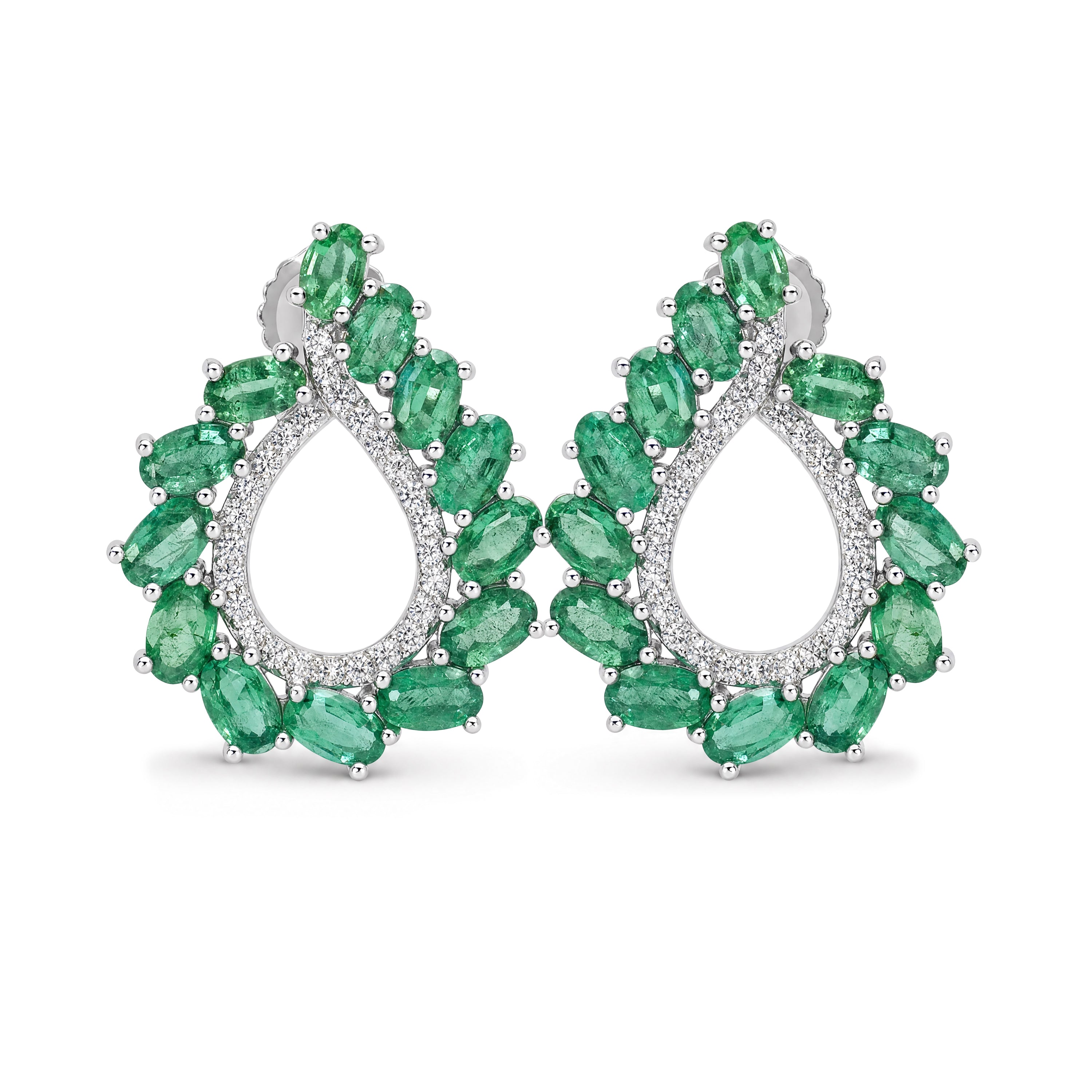 Oval Emerald Open Teardrop Cluster Earrings in Sterling Silver - view 1