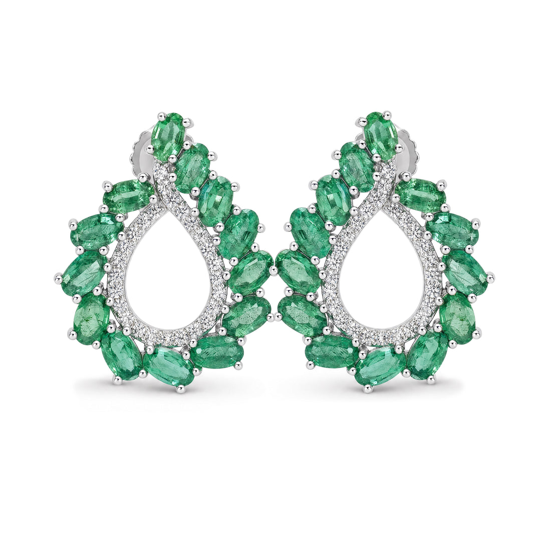 Oval Emerald Open Teardrop Cluster Earrings in Sterling Silver - view 1