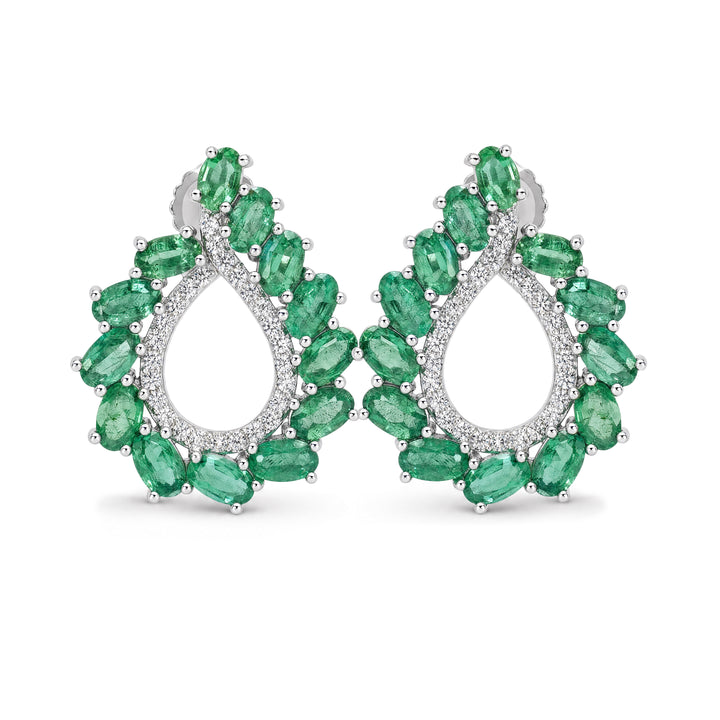 Oval Emerald Open Teardrop Cluster Earrings in Sterling Silver - view 1 - Oval Emerald Open Teardrop Cluster Earrings in Sterling Silver, 6.04 Ctw