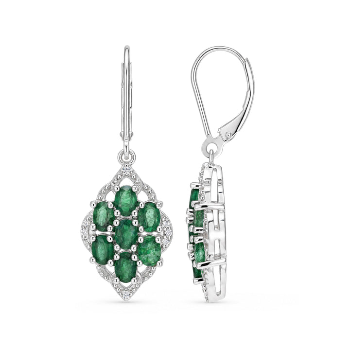 Emerald Cluster Leverback Drop Earrings in Sterling Silver - view 3