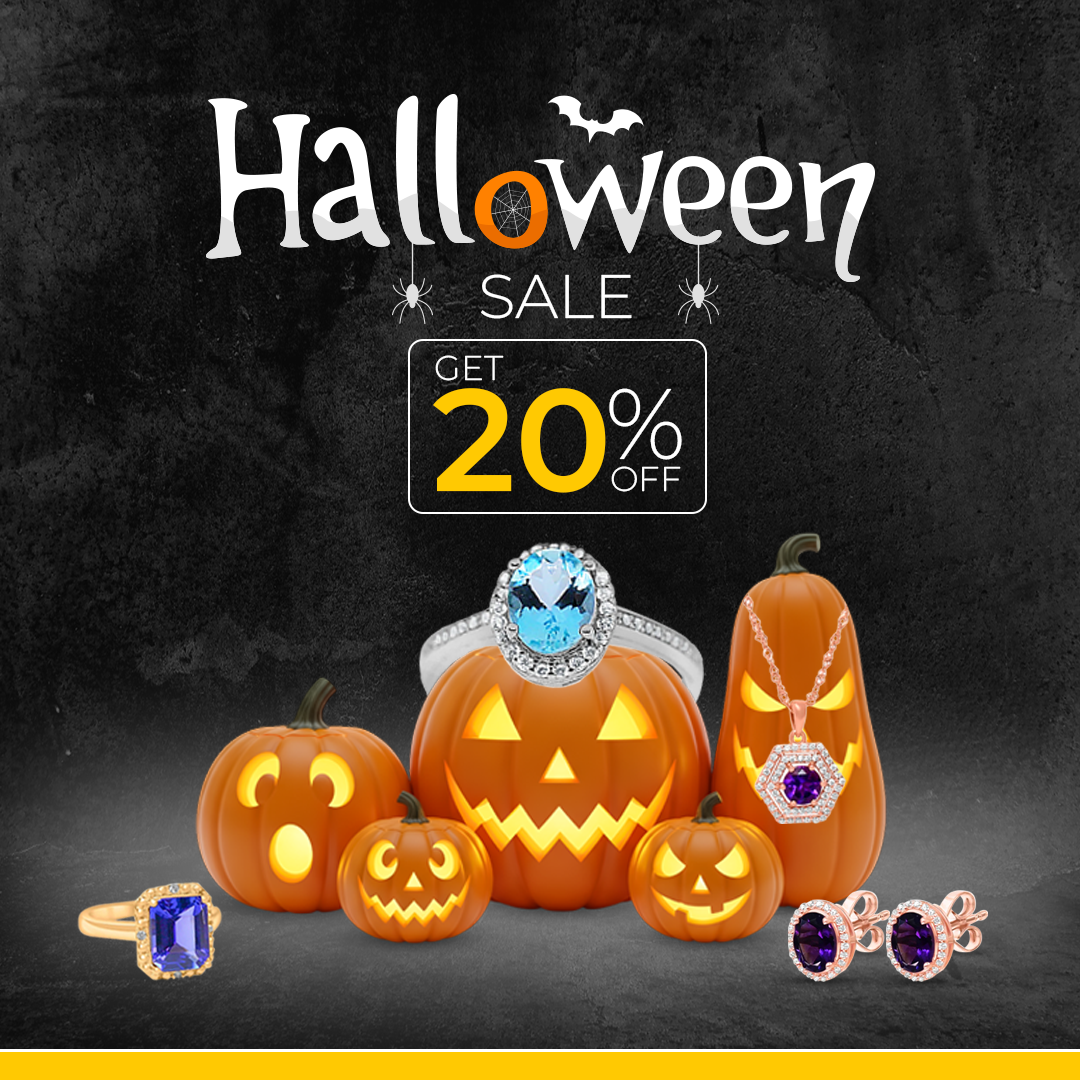 Halloween sale advertisement with jewelry and pumpkins on a dark background