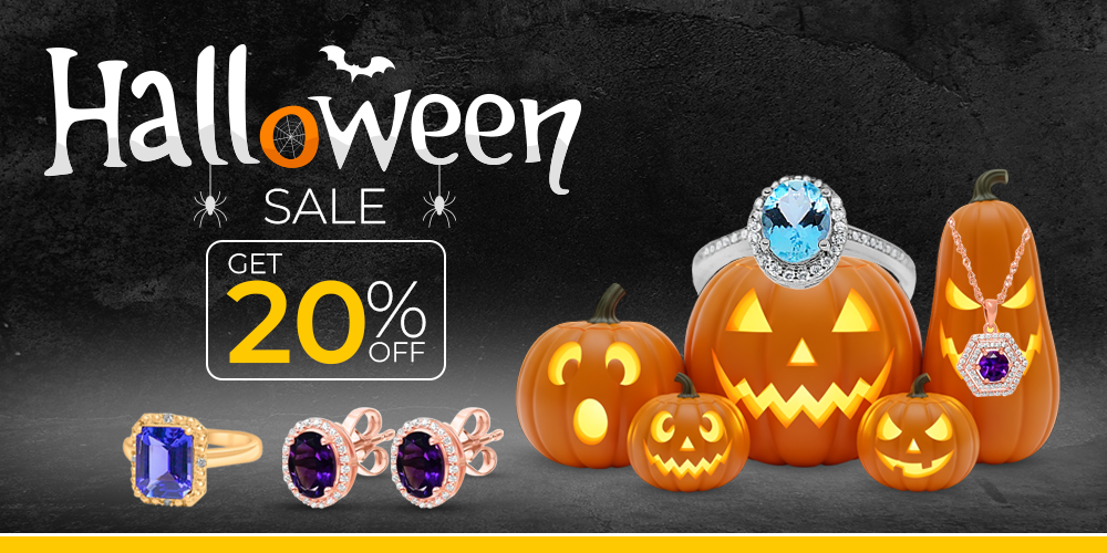 Halloween sale advertisement with jewelry and pumpkins on a dark background