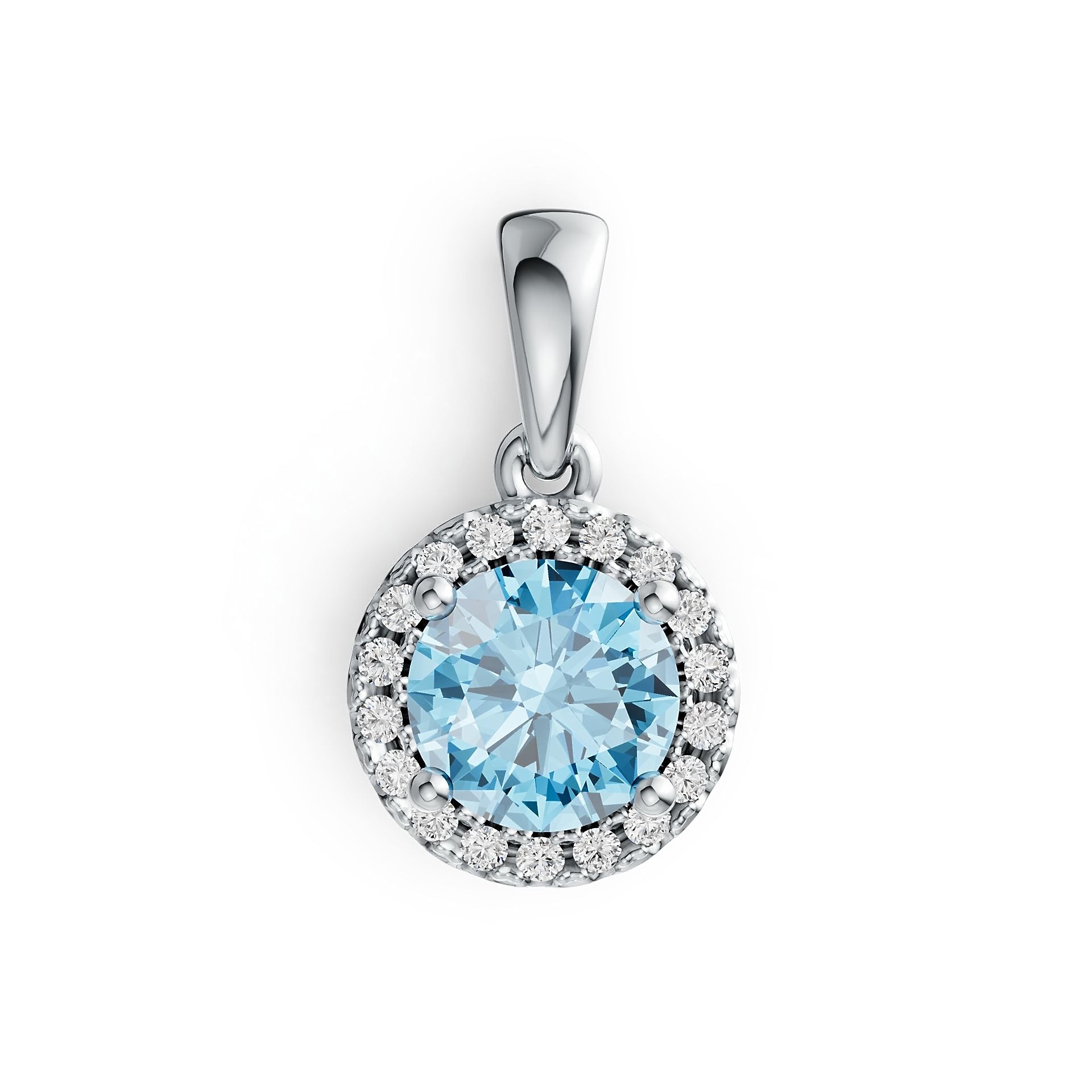Classic Halo Round Aquamarine Pendant with Diamond Accents in 14K Gold