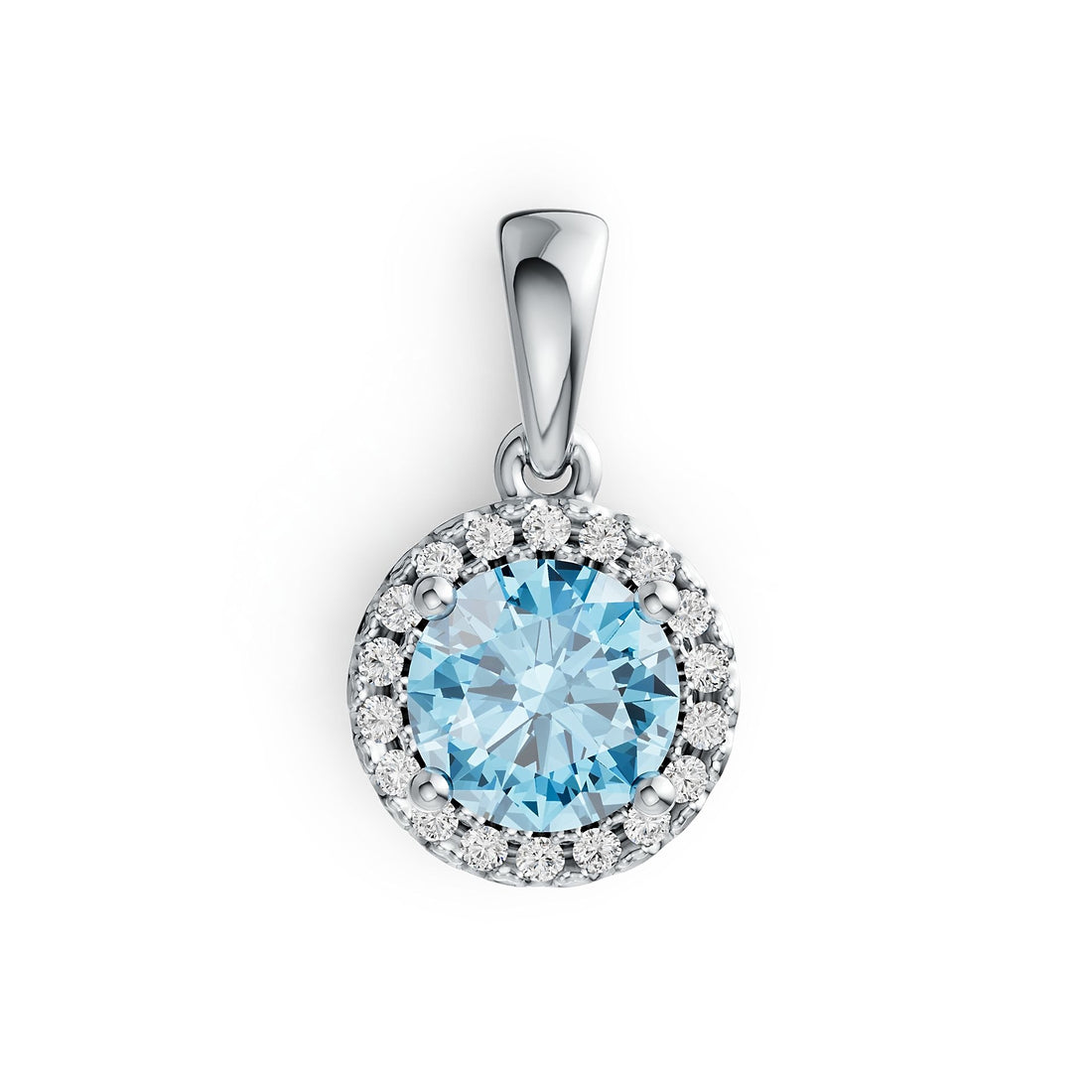 Classic Halo Round Aquamarine Pendant with Diamond Accents in 14K Gold