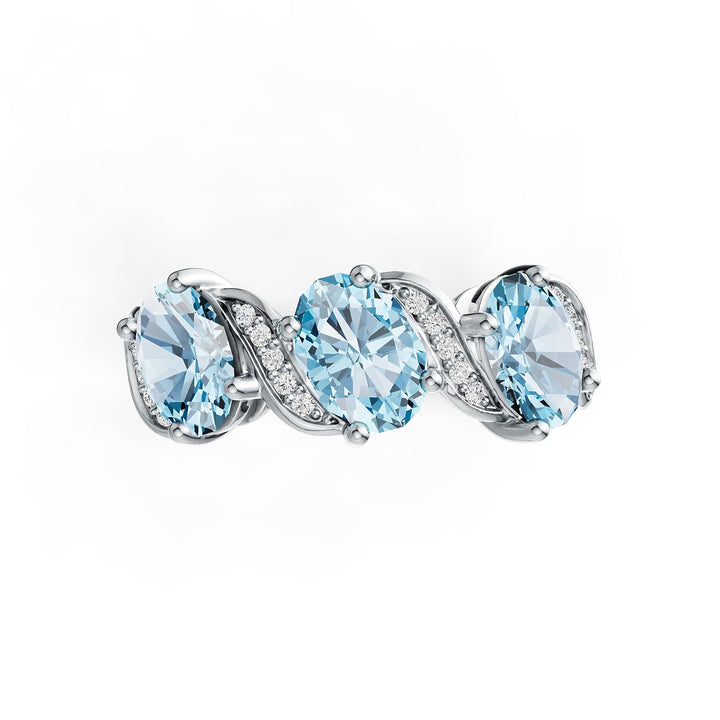 Triple Aquamarine & Diamond Ring in 14K Gold (Oval Cut, 2.1 Ct Total) - Triple Aquamarine & Diamond Ring in 14K Gold (Oval Cut, 2.1 Ct Total)