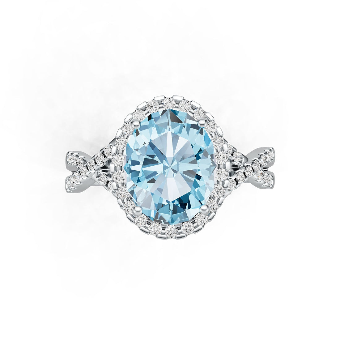 Criss-Cross Halo Infinity Oval Aquamarine Ring with Diamond Accents in 14K Gold
