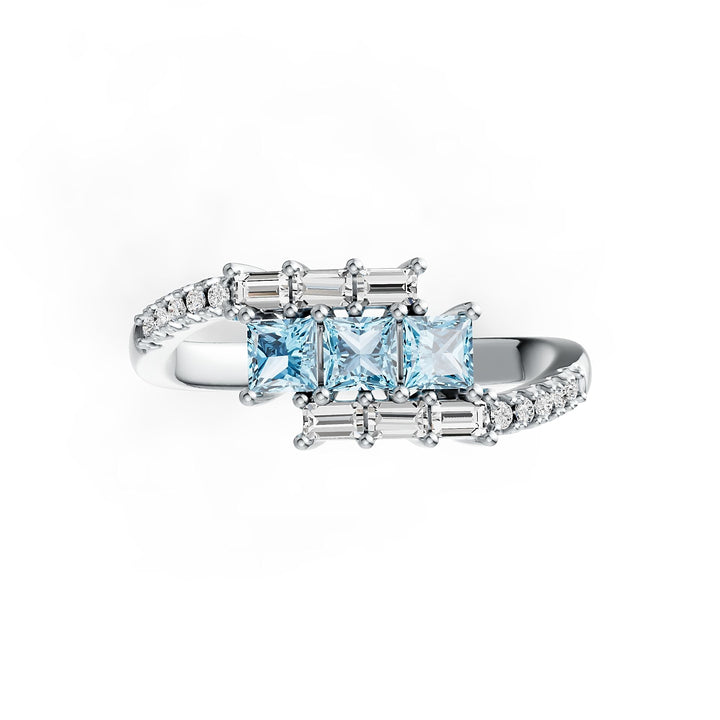 14K Gold Aquamarine & Diamond Ring – Princess Cut Trio with Baguette - 14K Gold Aquamarine & Diamond Ring – Princess Cut Trio with Baguette