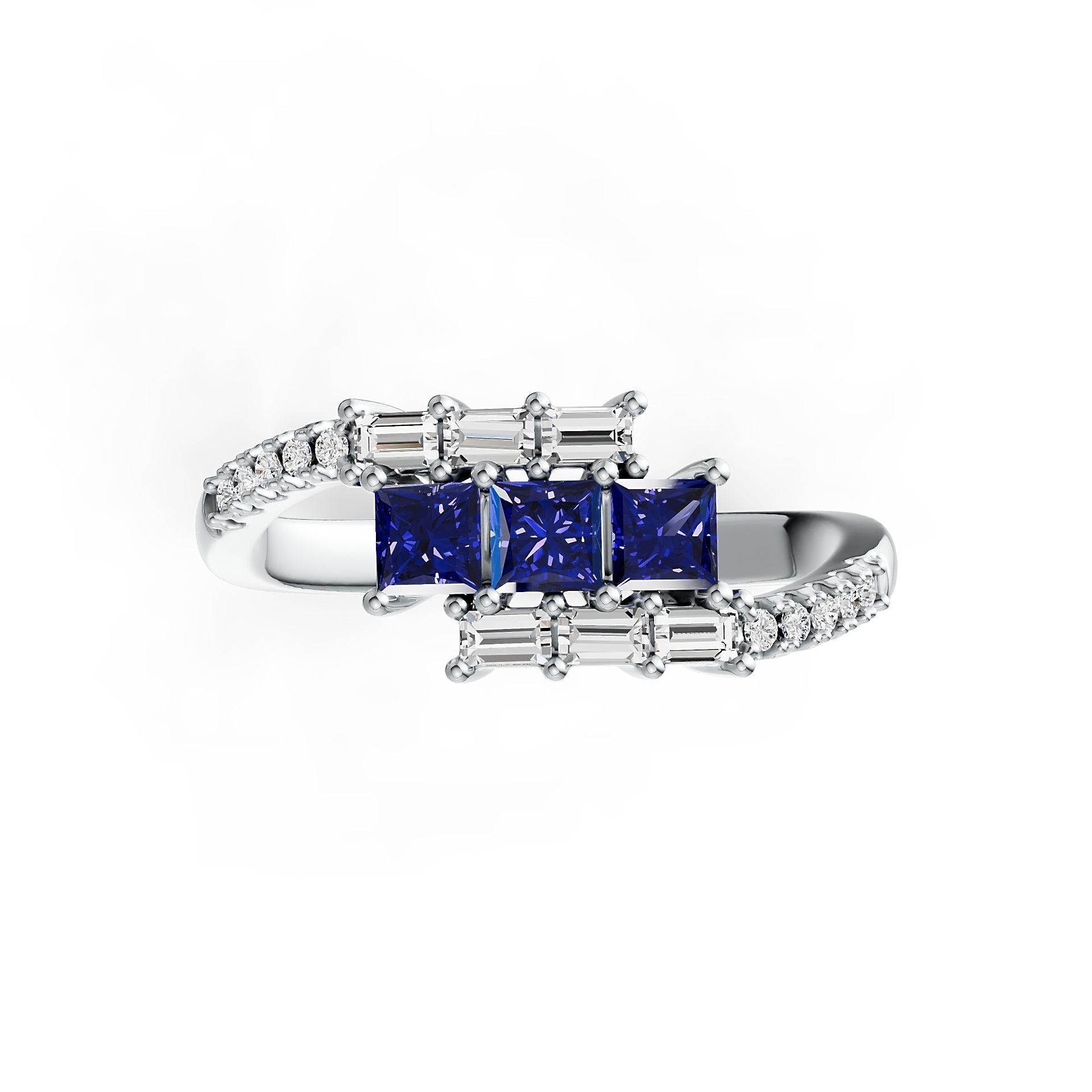 14K Gold Tanzanite & Diamond Ring with Princess-Cut Center Stones