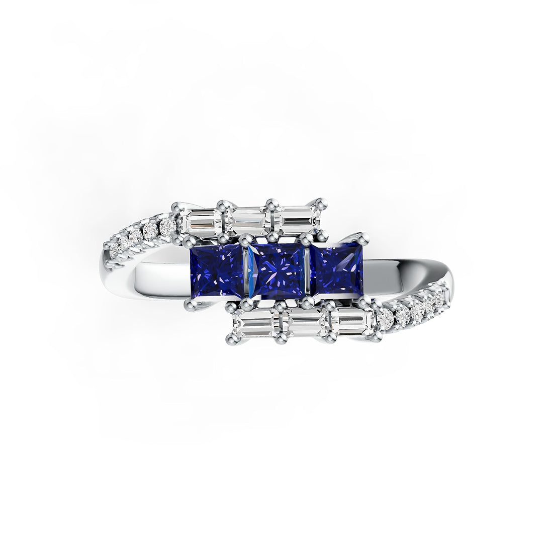 14K Gold Tanzanite & Diamond Ring with Princess-Cut Center Stones