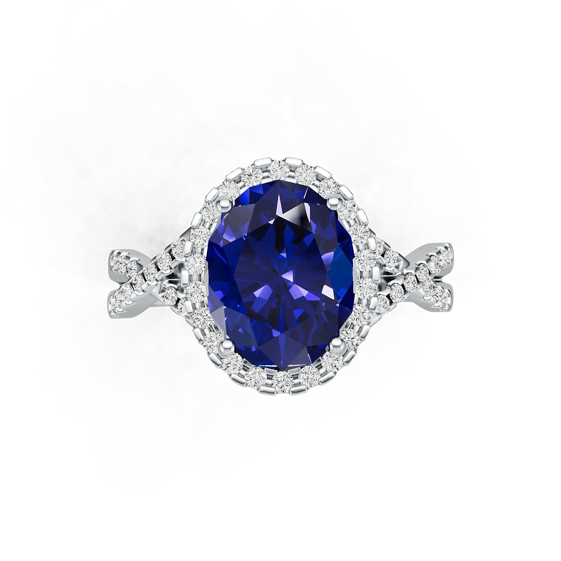 Criss-Cross Halo Infinity Oval Tanzanite Ring with Diamond Accents