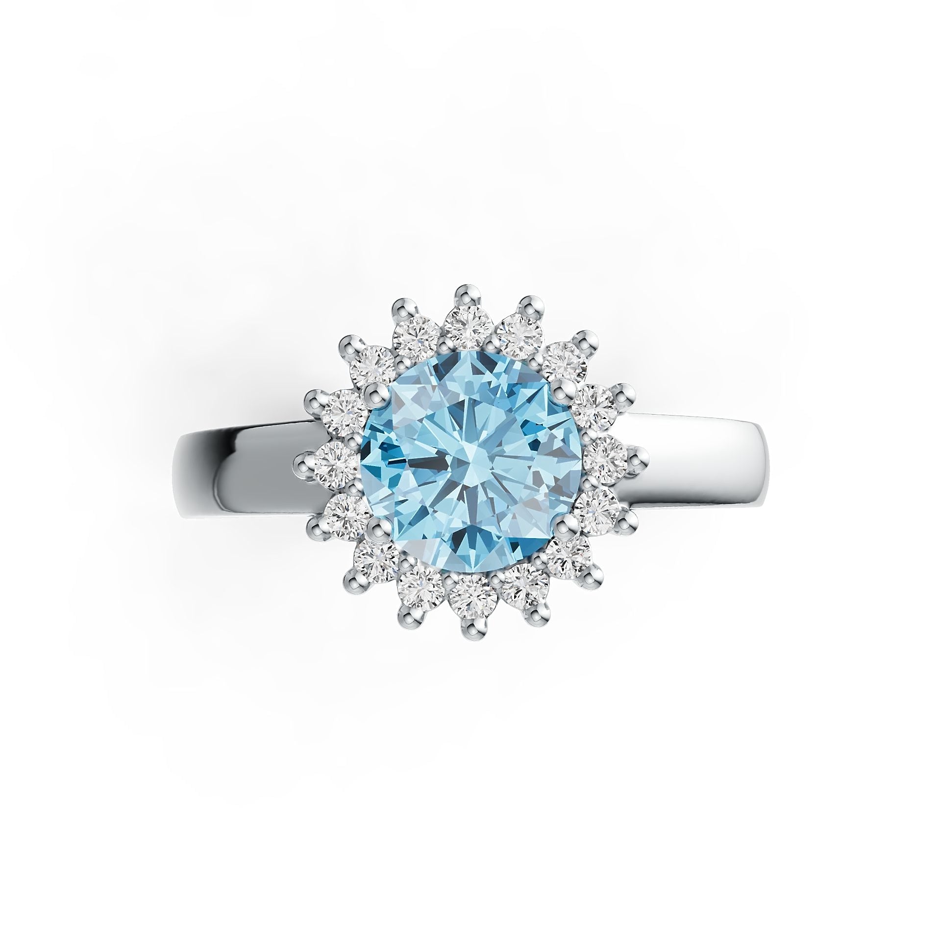 Diana Halo Round Aquamarine & Diamond Ring in 14K Gold with Infinity Shank