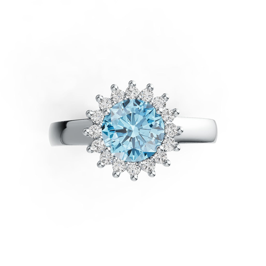 Diana Halo Round Aquamarine & Diamond Ring in 14K Gold with Infinity Shank