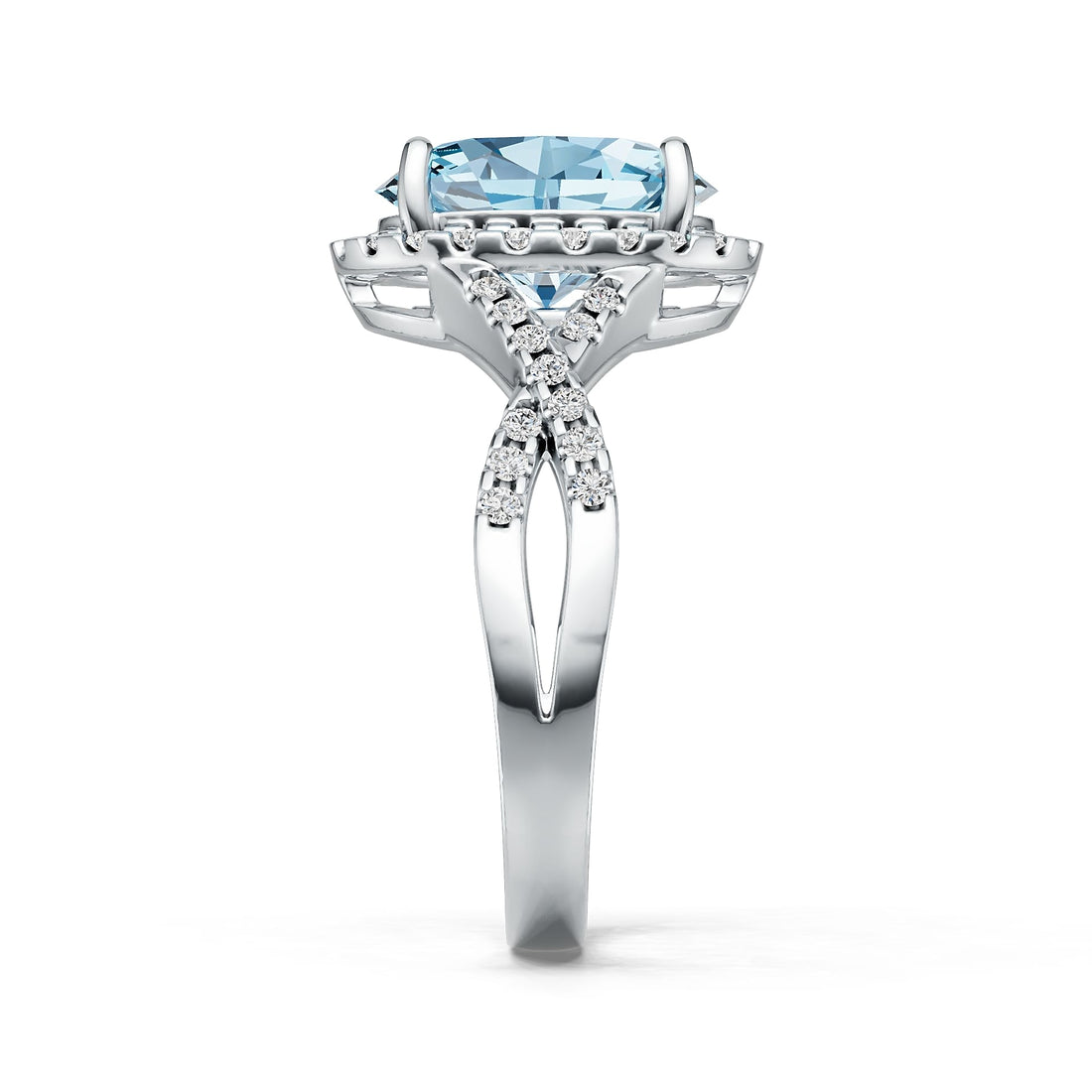 Criss-Cross Halo Infinity Oval Aquamarine Ring with Diamond Accents in 14K Gold