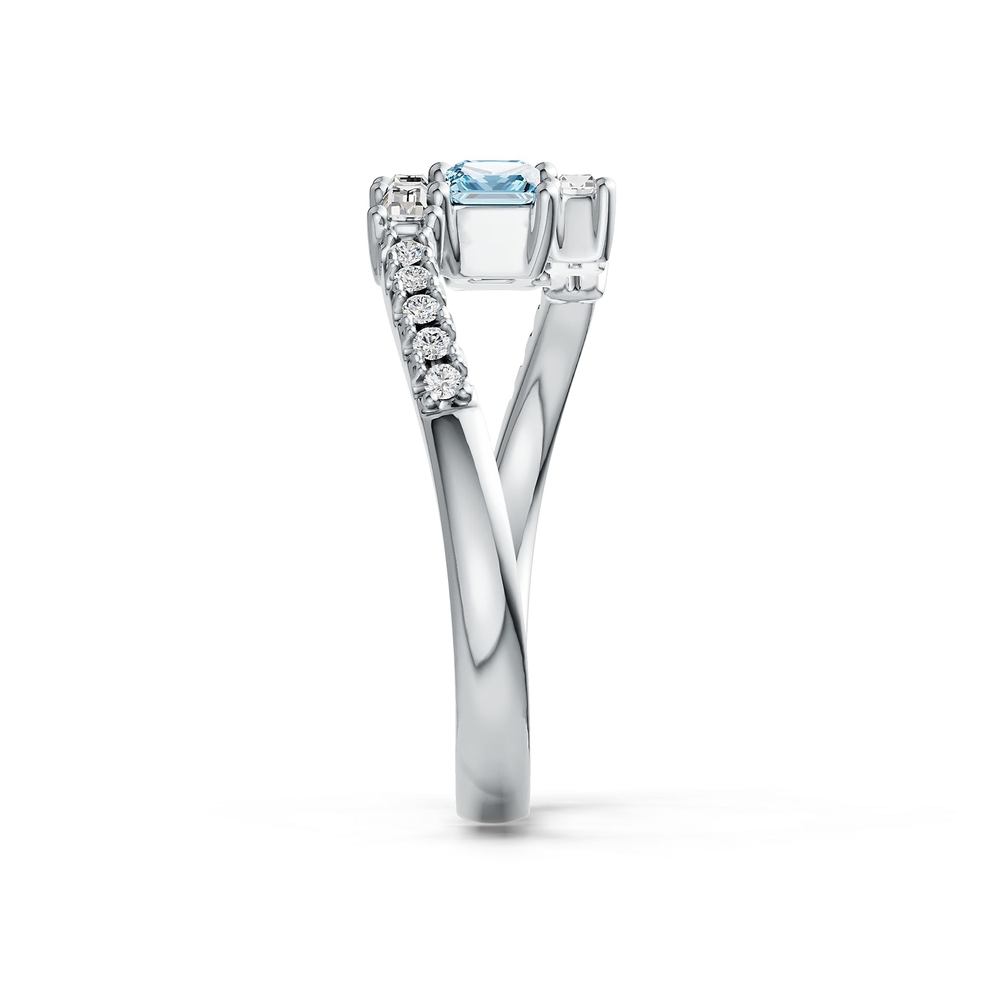 14K Gold Aquamarine & Diamond Ring – Princess Cut Trio with Baguette