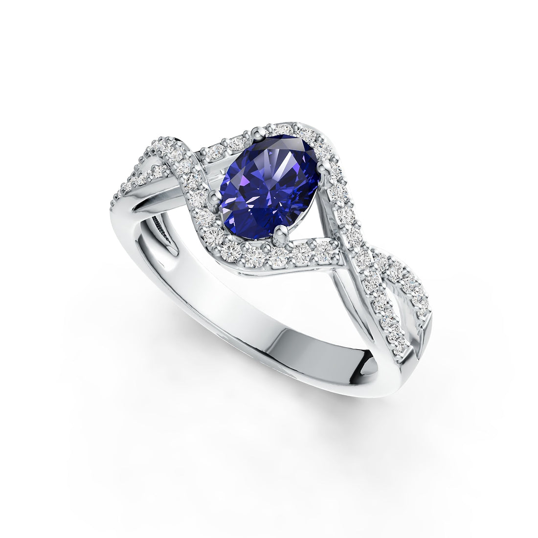 Silver ring with a tanzanite gemstone on a white background
