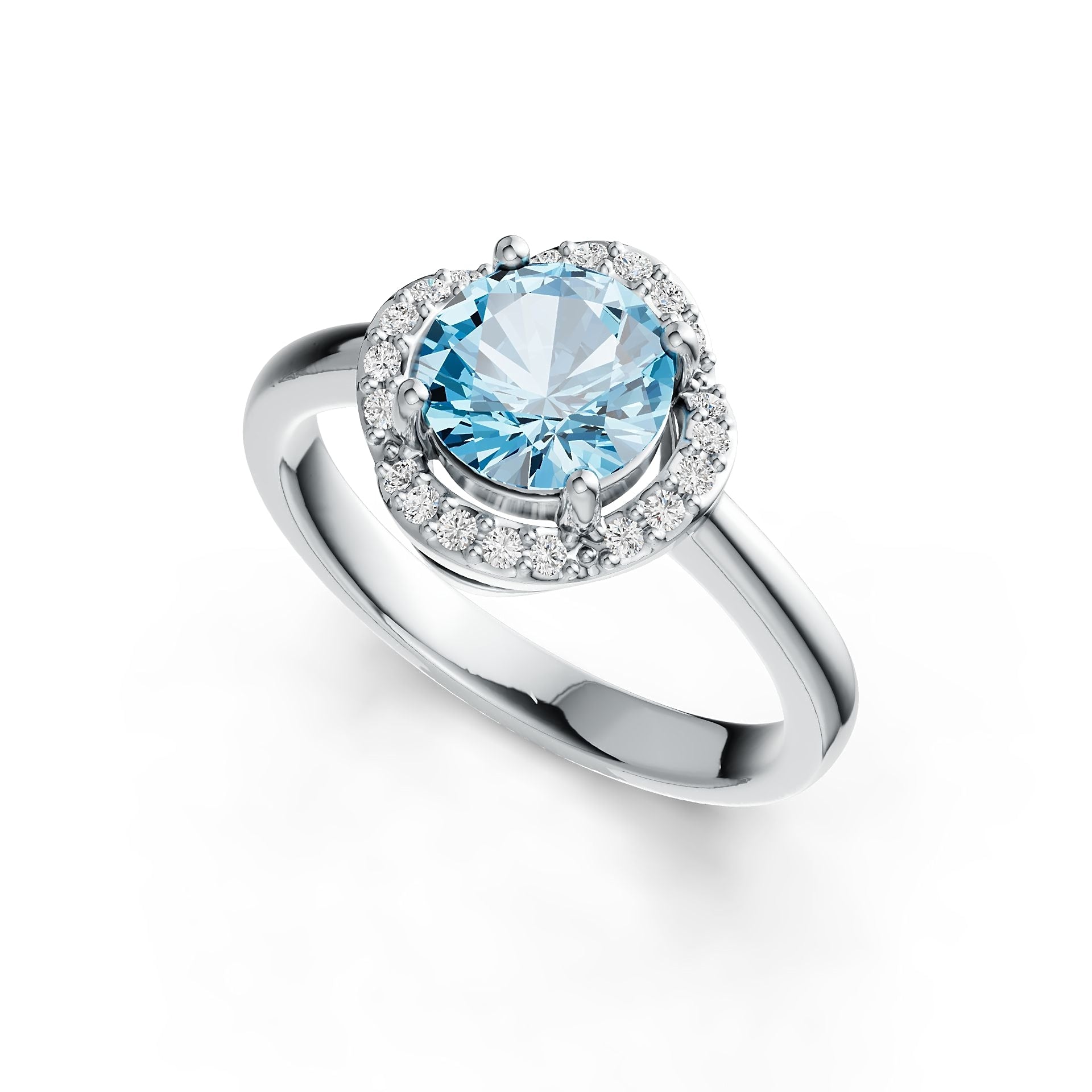 7mm Round Aquamarine & Diamond Ring in 14K Gold – 1.28 Ct Aquamarine