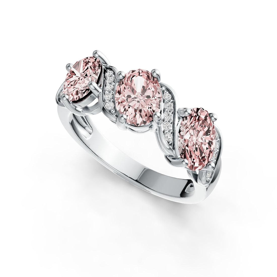 14K Gold Oval Pink Morganite & Diamond Ring (3-Stone Design)