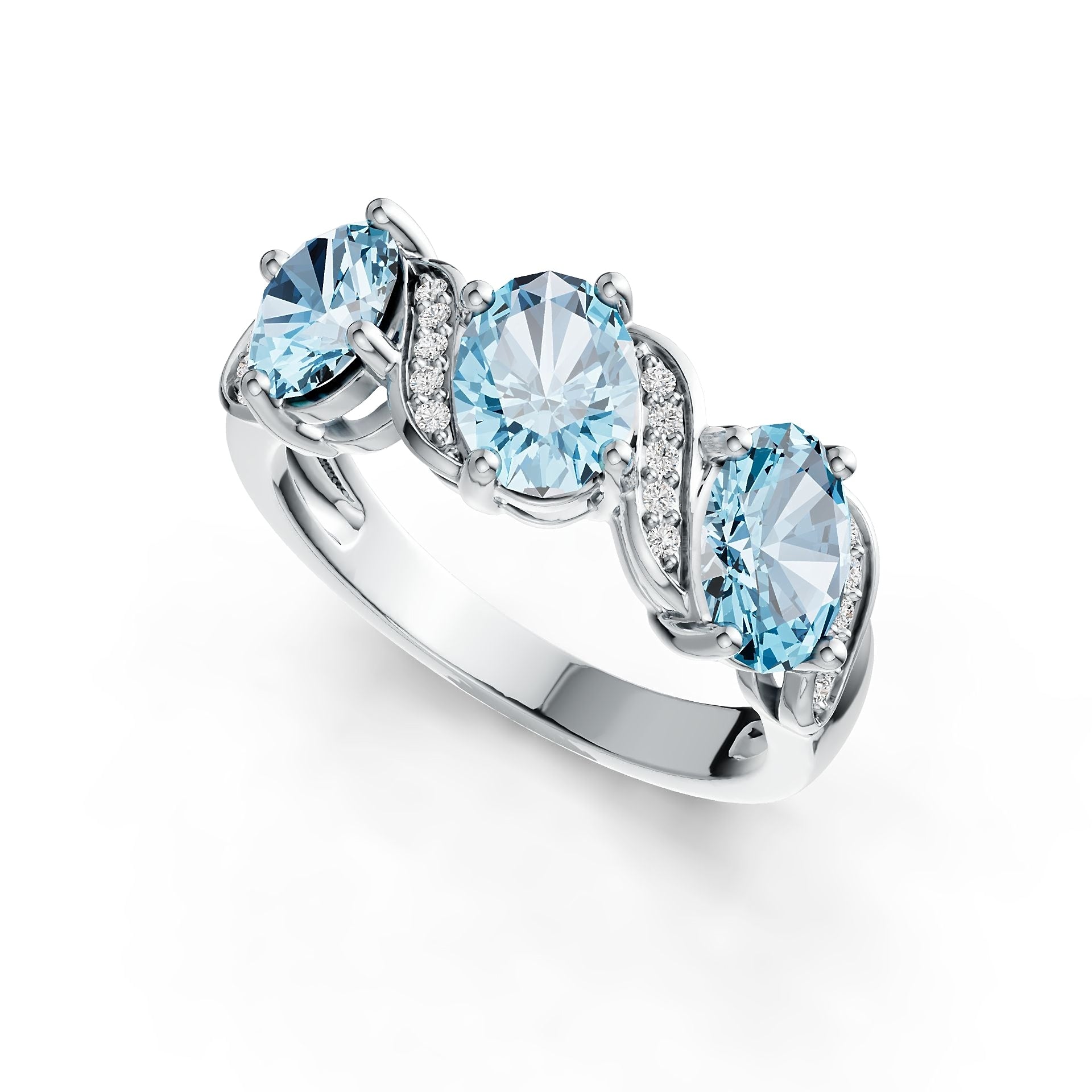 Triple Aquamarine & Diamond Ring in 14K Gold (Oval Cut, 2.1 Ct Total)