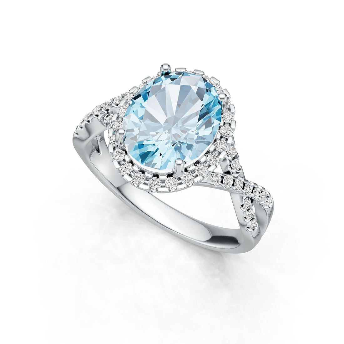 Criss-Cross Halo Infinity Oval Aquamarine Ring with Diamond Accents in 14K Gold