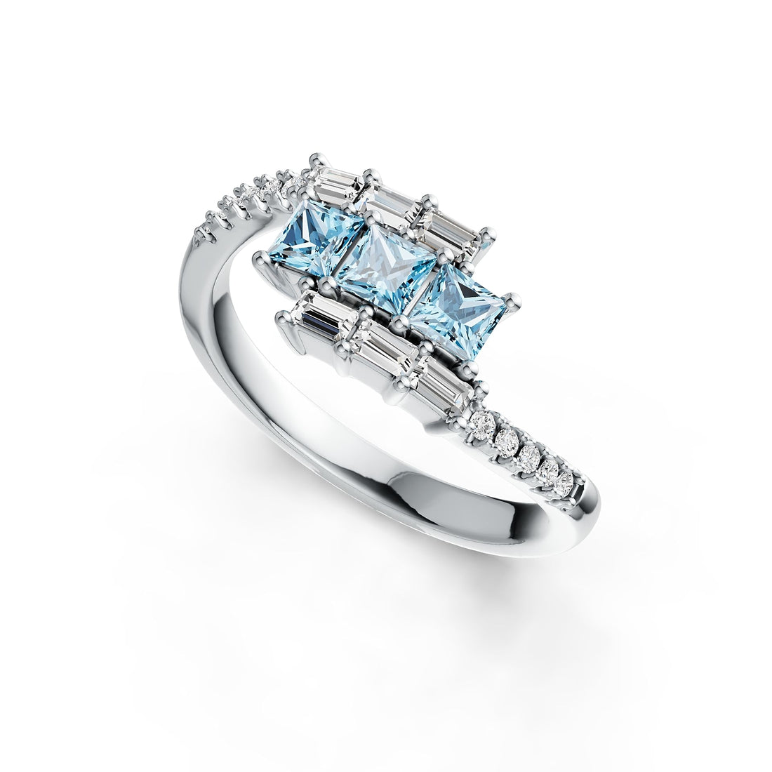 14K Gold Aquamarine & Diamond Ring – Princess Cut Trio with Baguette
