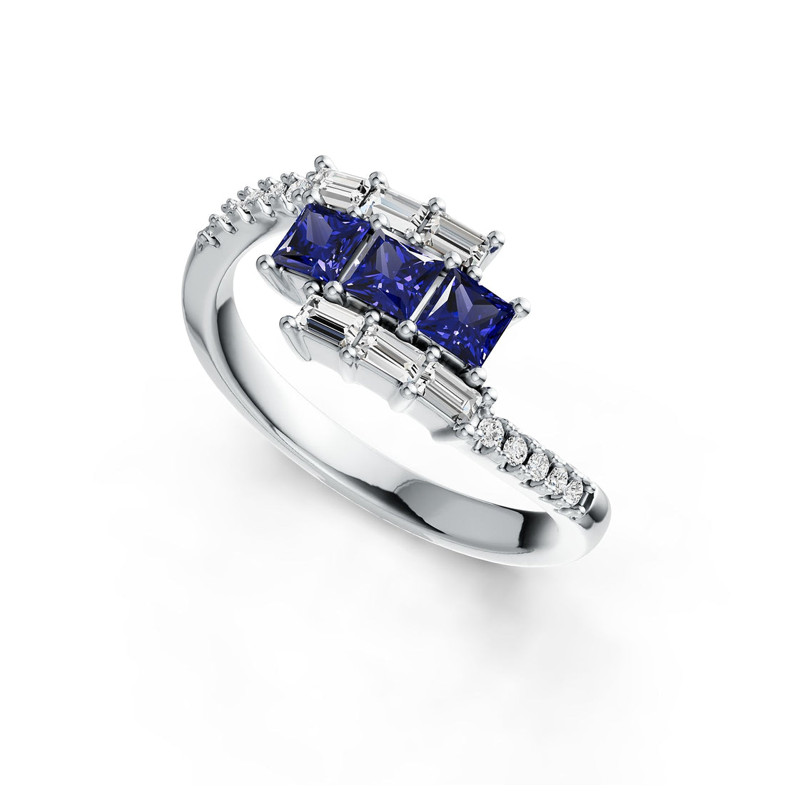 14K Gold Tanzanite & Diamond Ring with Princess-Cut Center Stones